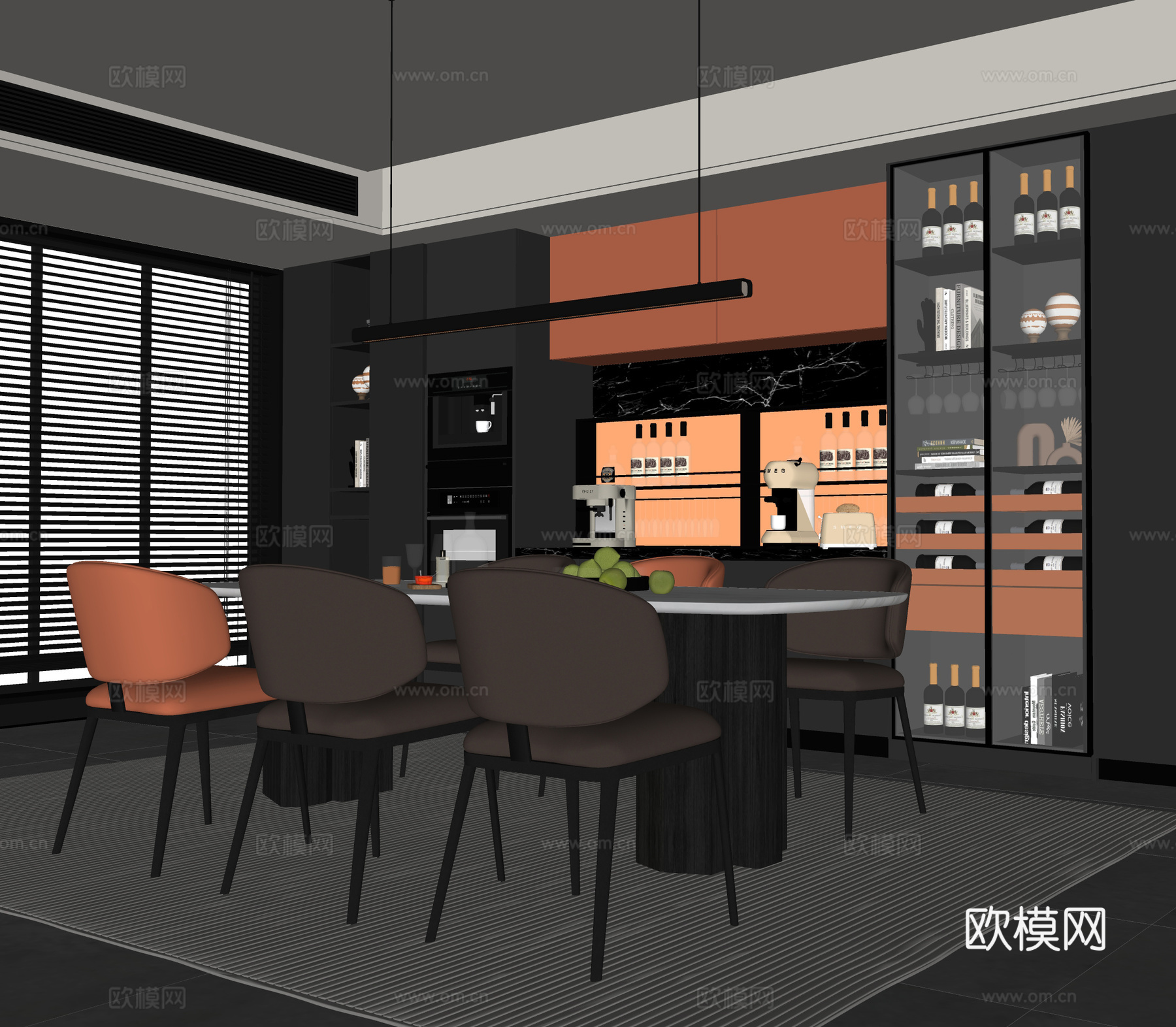 现代餐厅 酒柜 餐边柜 餐椅su模型