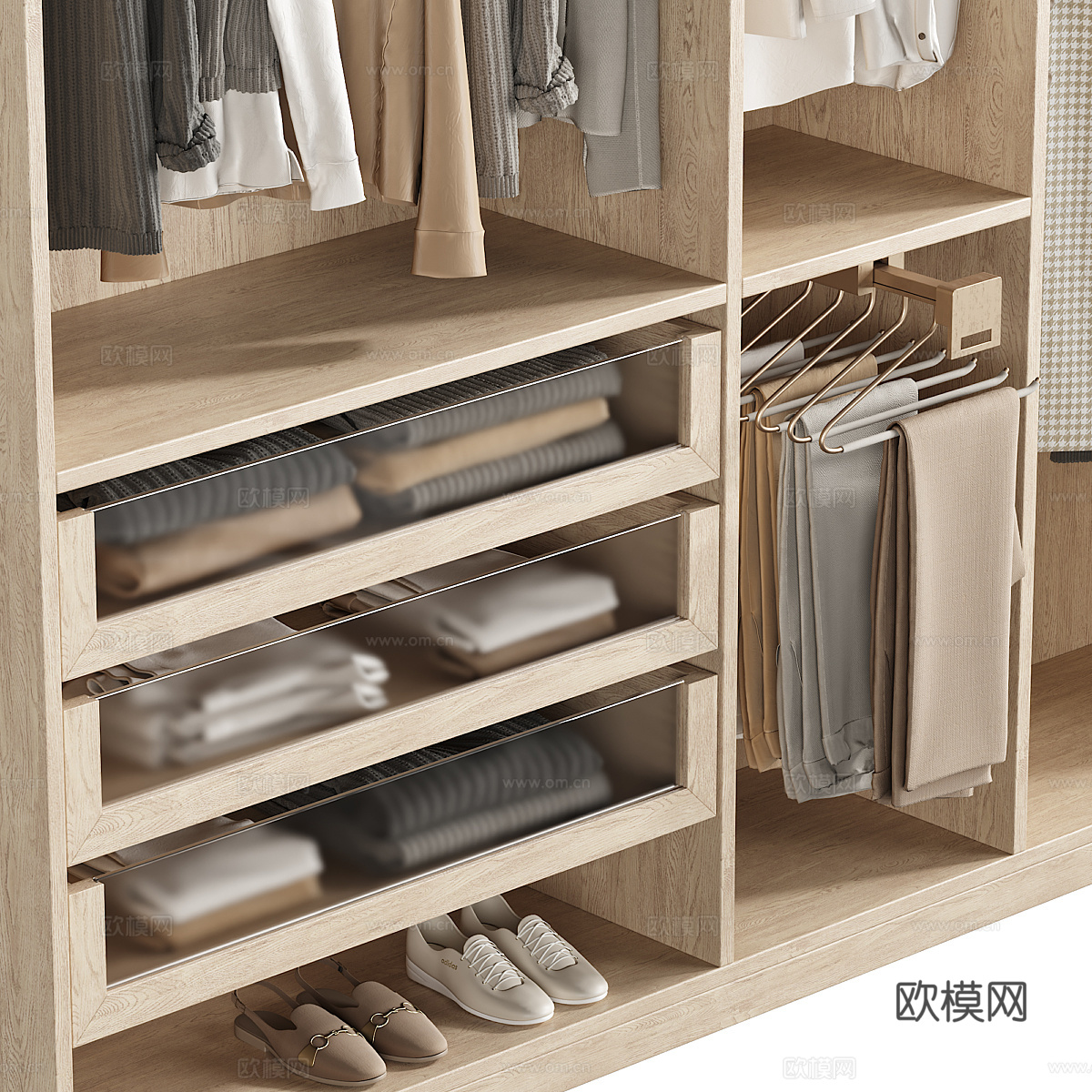 现代意式极简木质开放衣柜3d模型