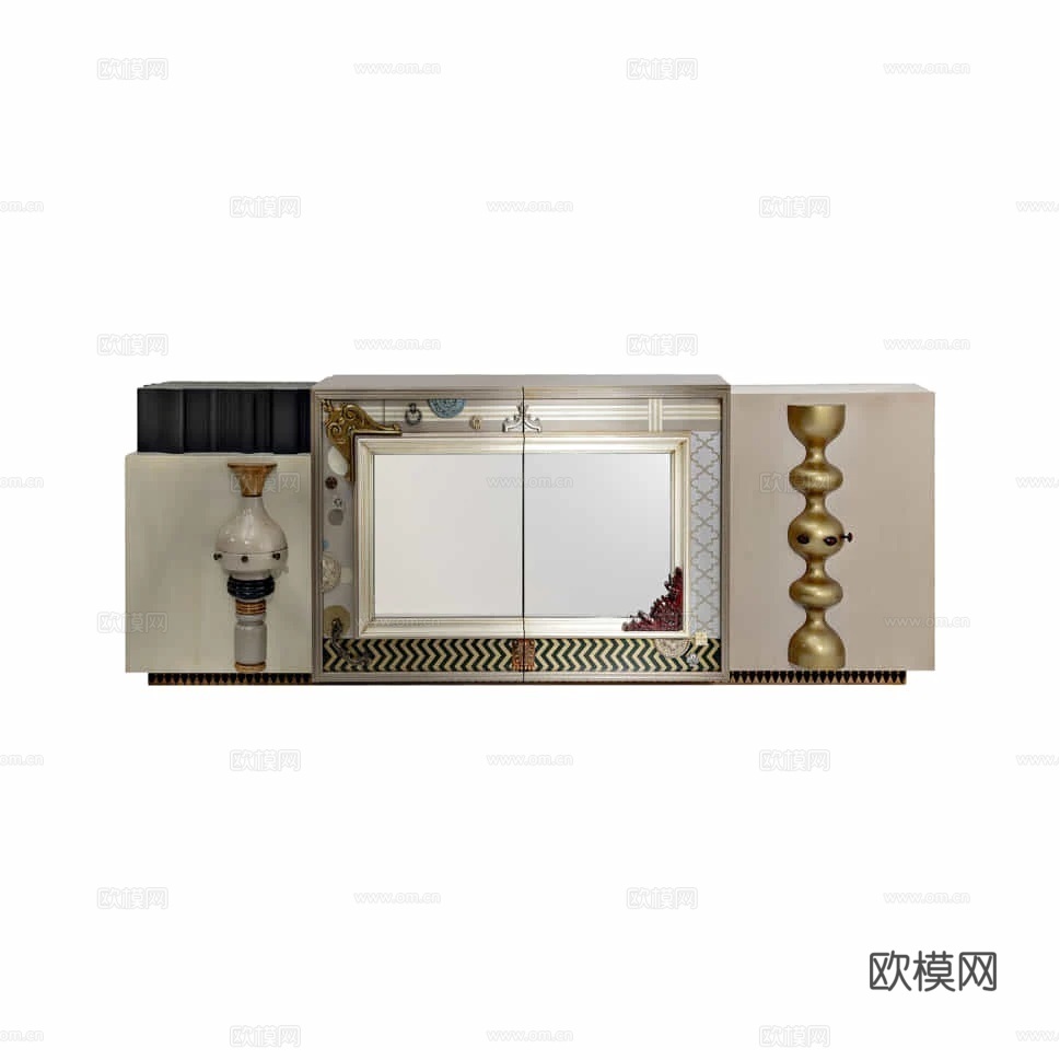 法式复古玄关柜入户进门艺术创意储物柜民宿酒店南洋风彩绘装饰su模型