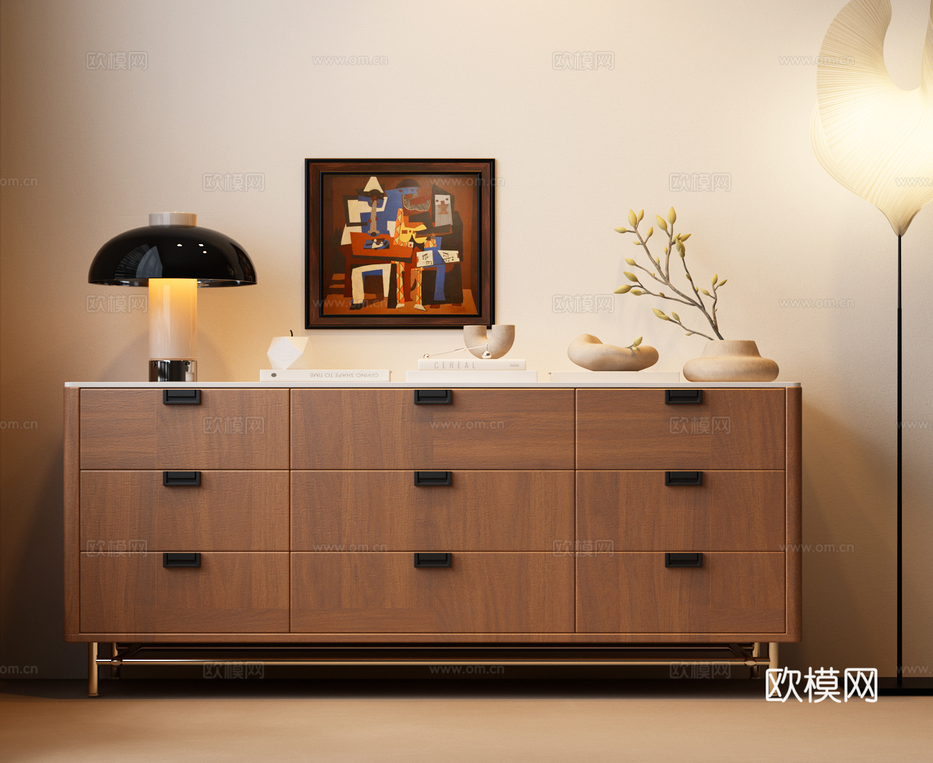 现代中古风边柜 中古风斗柜 现代中古摆件 装饰画 落地灯su模型