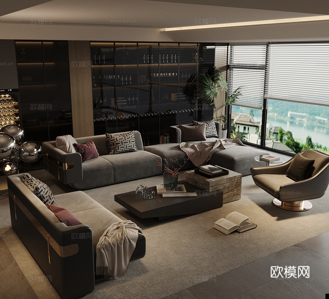 现代意式家居客厅 轻奢意式客厅 沙发茶几组合 高级灰客厅su模型