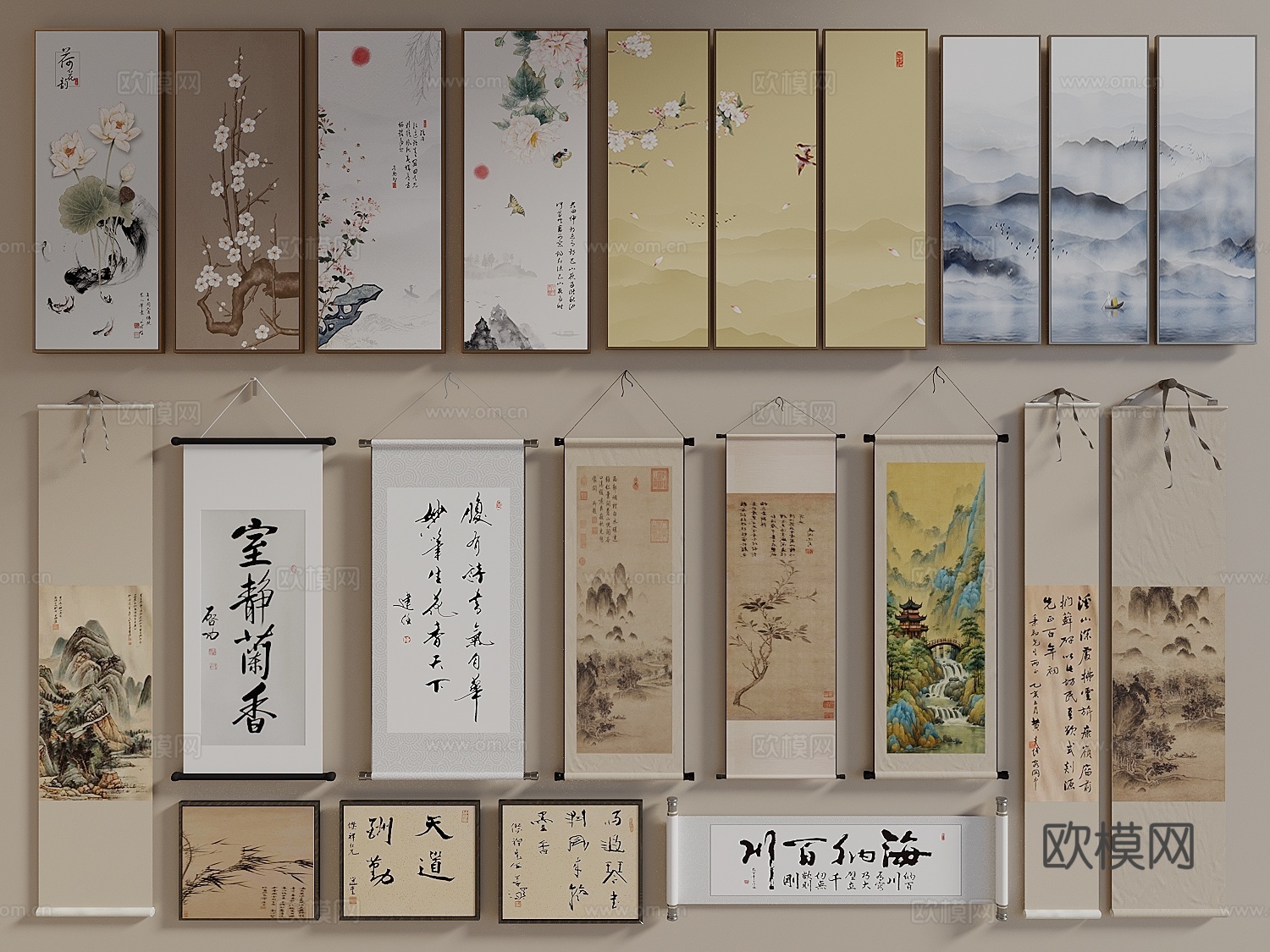 宋式新中风挂画 挂画组合 山水挂画 水墨挂画 字画 装饰画3d模型