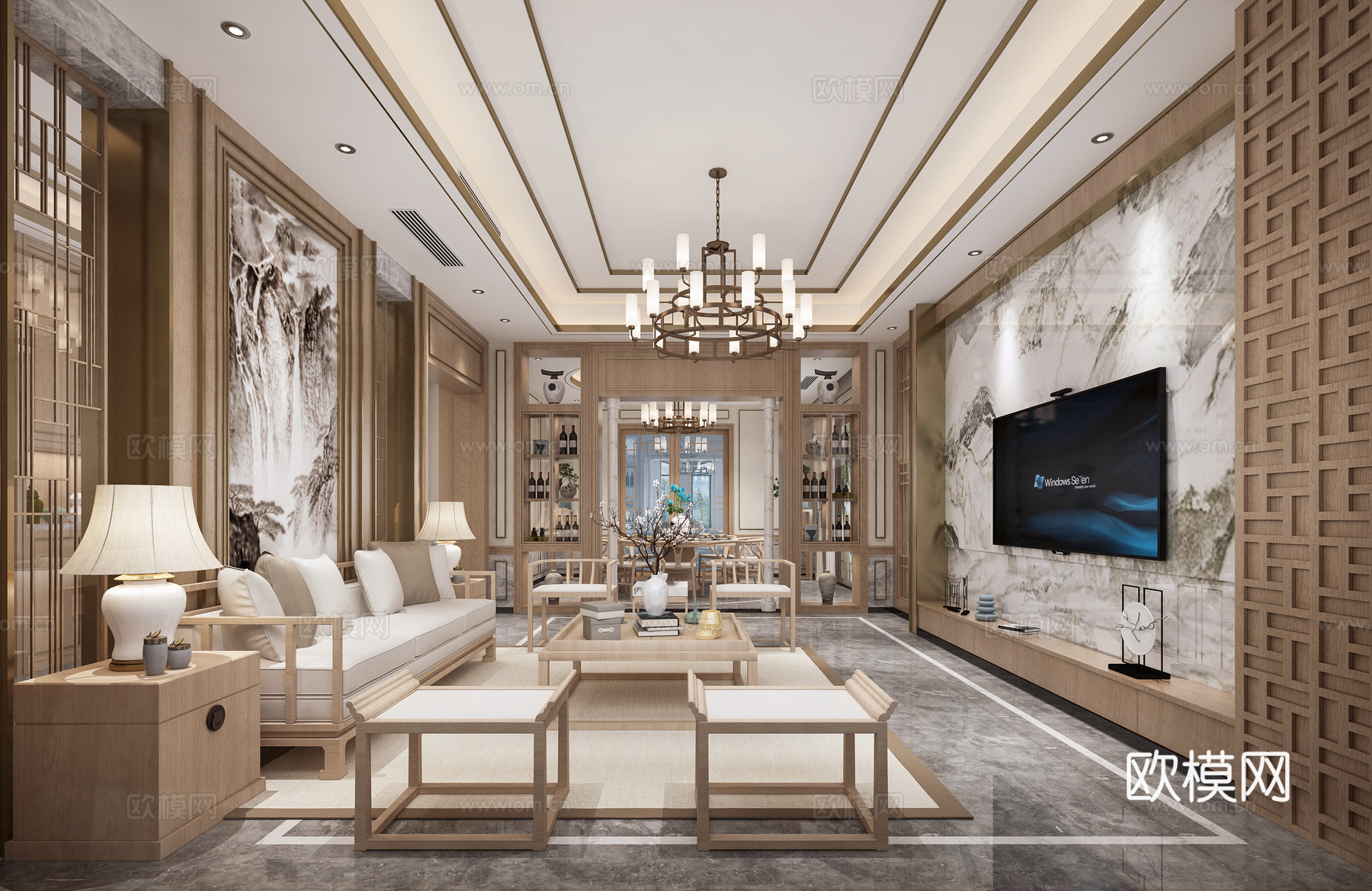 新中式客厅 新中式餐厅 新中式门厅 餐桌椅 沙发茶几 吊3d模型