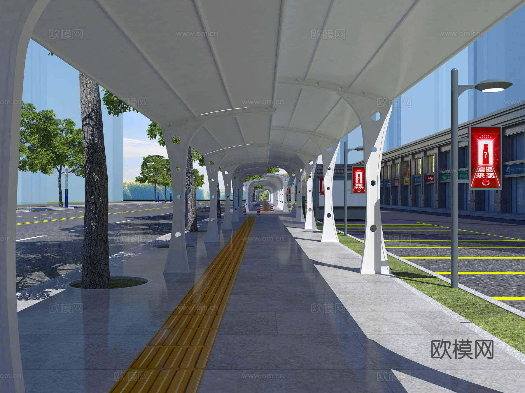 遮阳棚  夜市  夜市大门  树 建筑 路灯 道路3d模型