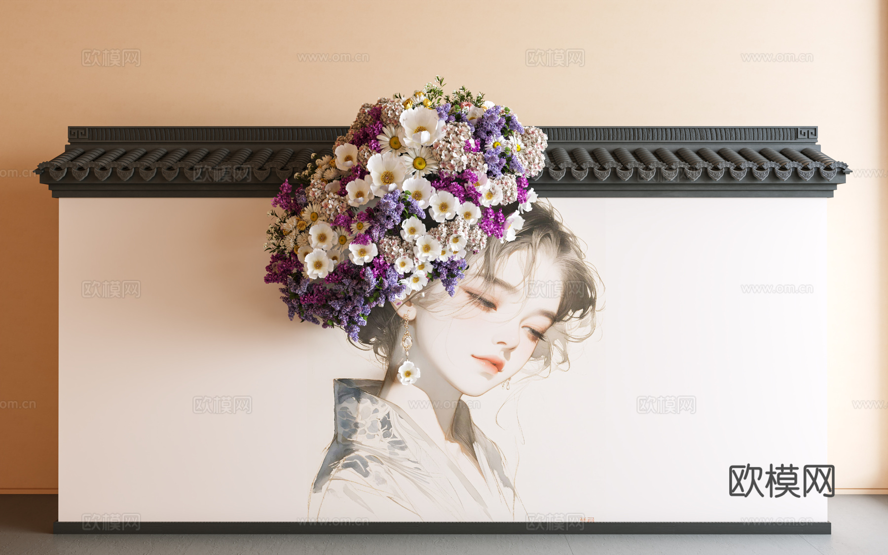 现代围墙 墙绘 鲜花墙绘 墙绘 鲜花美陈 藤蔓 花艺 植物墙3d模型