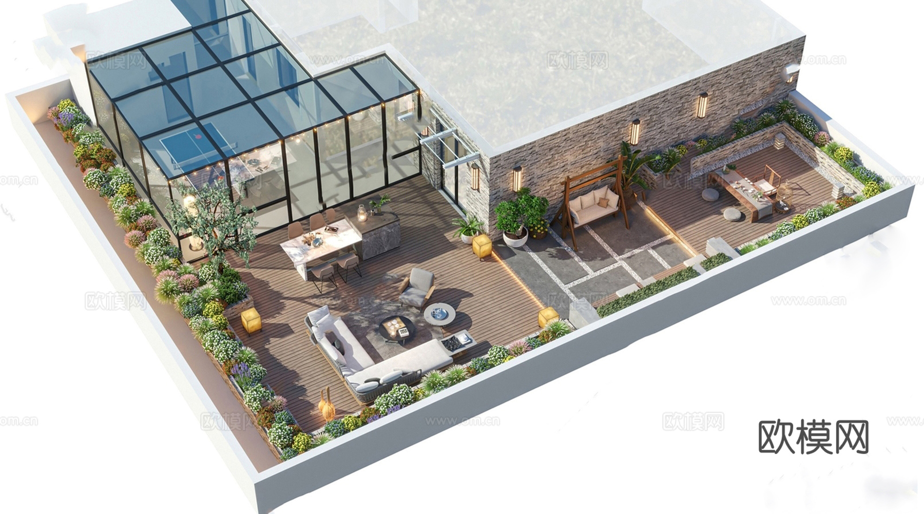 现代屋顶花园 空中花园 庭院花园su模型