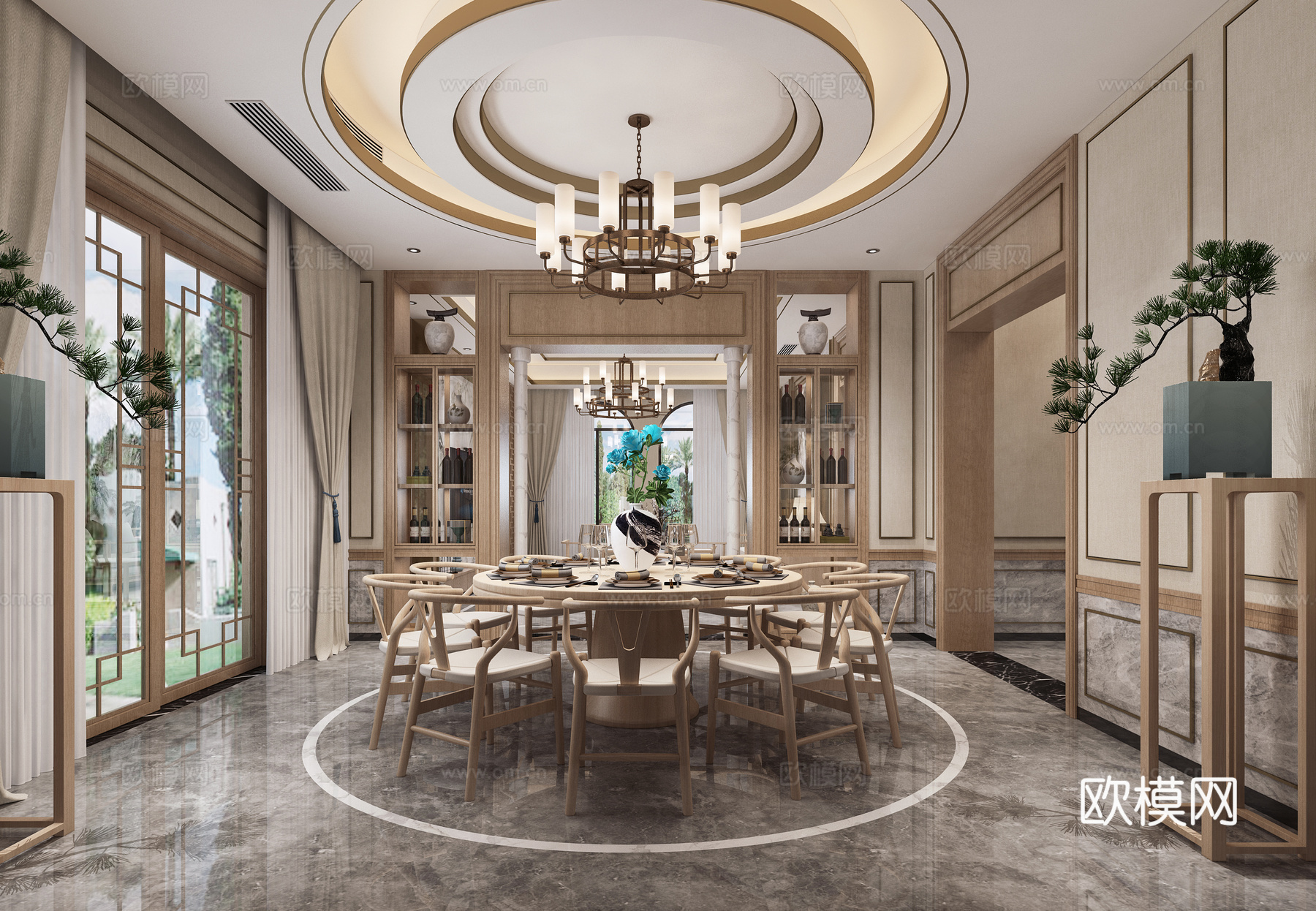 新中式客厅 新中式餐厅 新中式门厅 餐桌椅 沙发茶几 吊3d模型