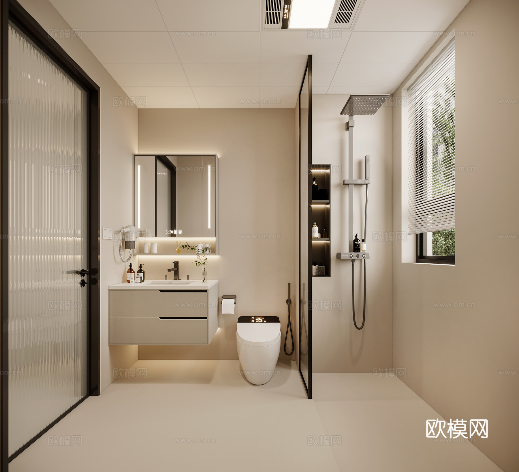 现代奶油风卫生间 镜子 洗手台 浴室柜 淋浴 马桶3d模型