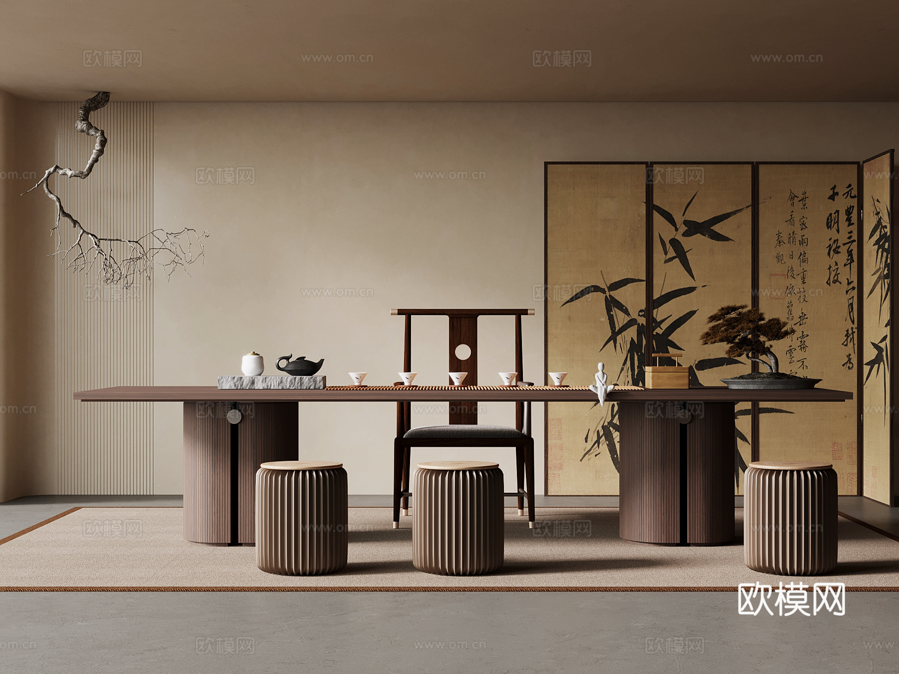 新中式茶桌椅  屏风3d模型