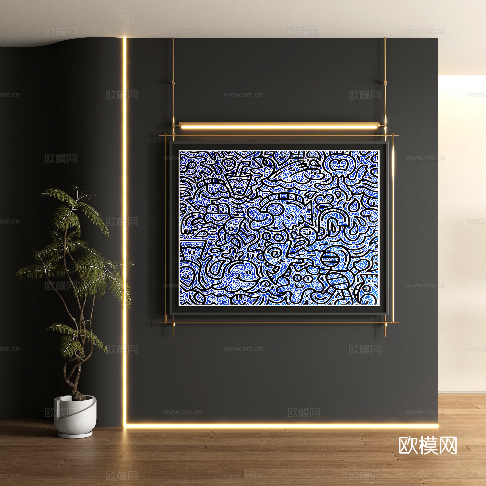 现代涂鸦装饰画 不锈钢吊杆装饰画su模型