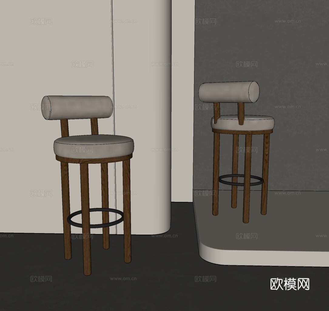 现代实木吧凳 复古风吧凳 中古风吧凳 极简吧凳su模型