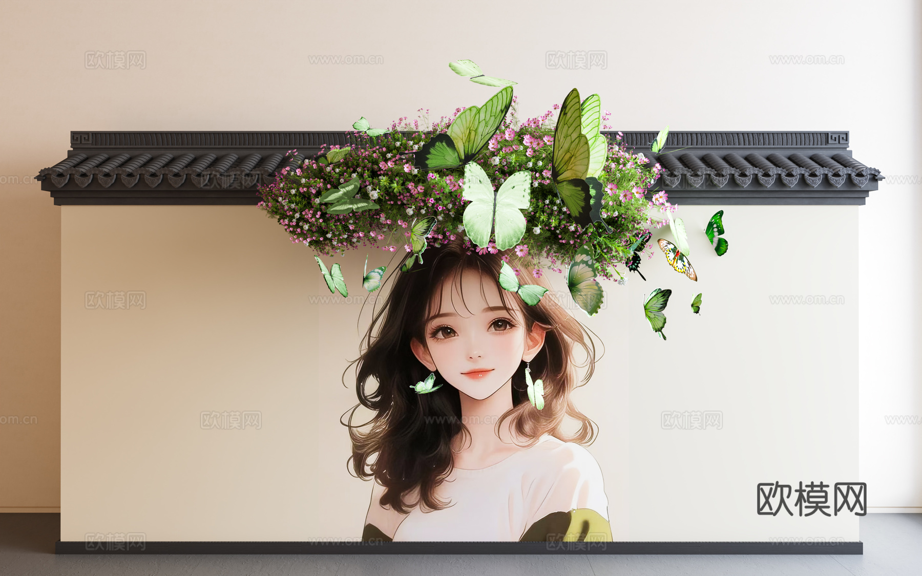 现代围墙 鲜花蝴蝶 鲜花墙绘 墙绘 鲜花美陈 藤蔓 花艺 植3d模型