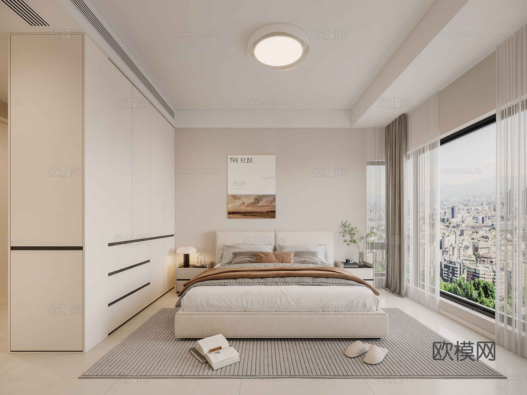 现代奶油风卧室 双人床 挂画 双人床 衣柜 地毯 窗帘3d模型