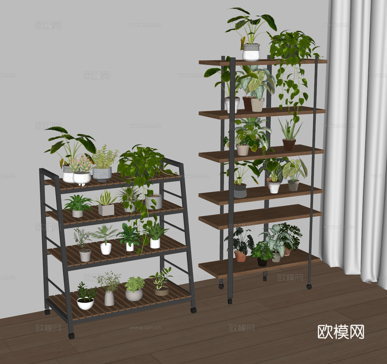 现代中古风花架 实木花架 置物架 植物架 盆栽 绿植 花盆su模型