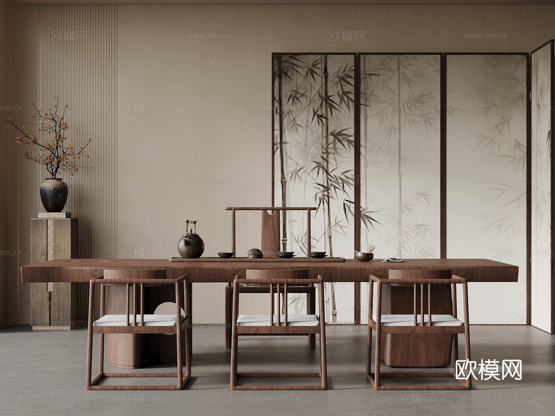 新中式茶桌椅 屏风 花瓶3d模型