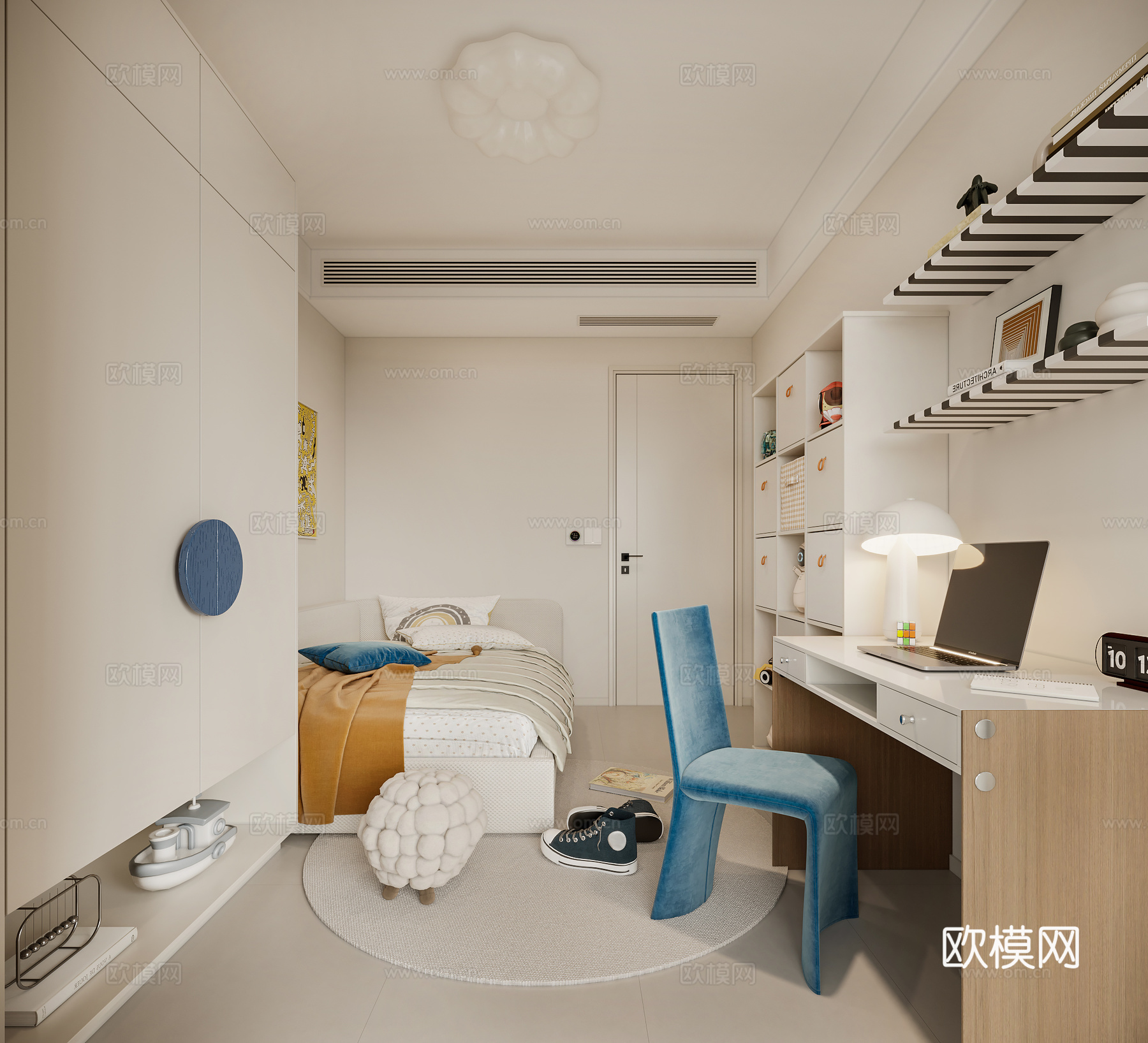 现代奶油风儿童房 书桌椅 儿童床 玩偶 衣柜 书柜 地毯3d模型