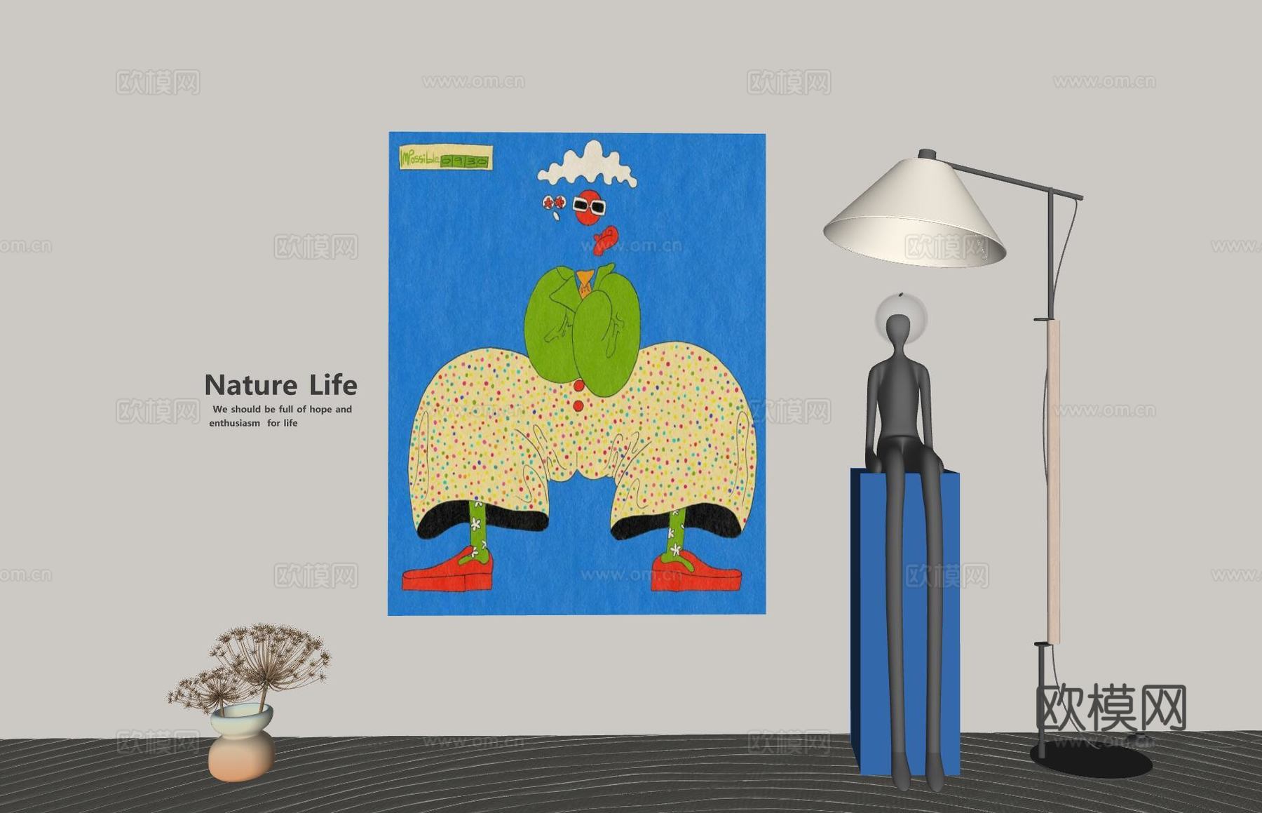 现代挂画 油画 蓝色挂画 趣味装饰画 落地灯 网红装饰公仔su模型