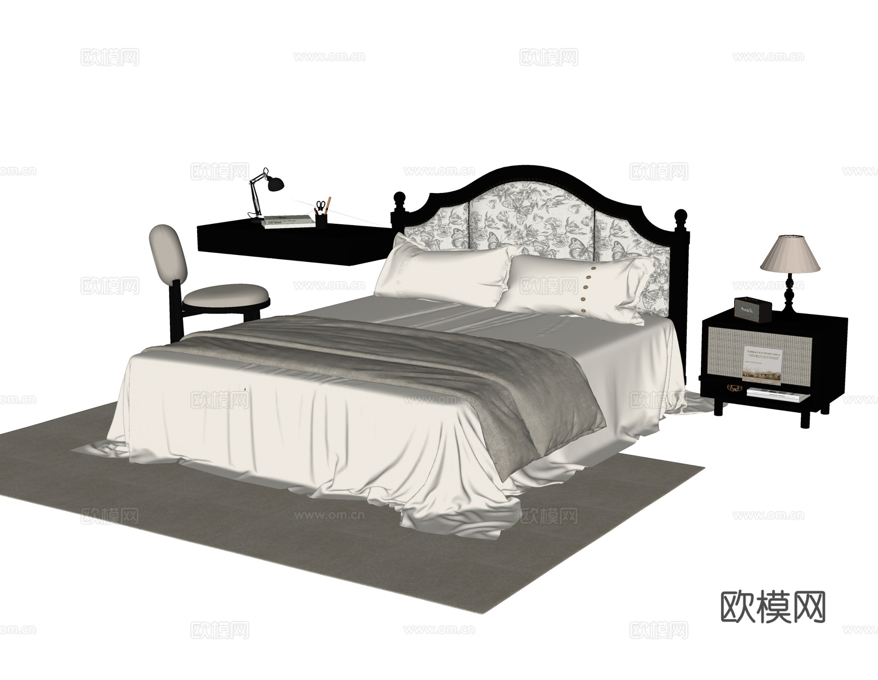 美式儿童床 床头柜 书桌椅su模型下载（渲染图2）