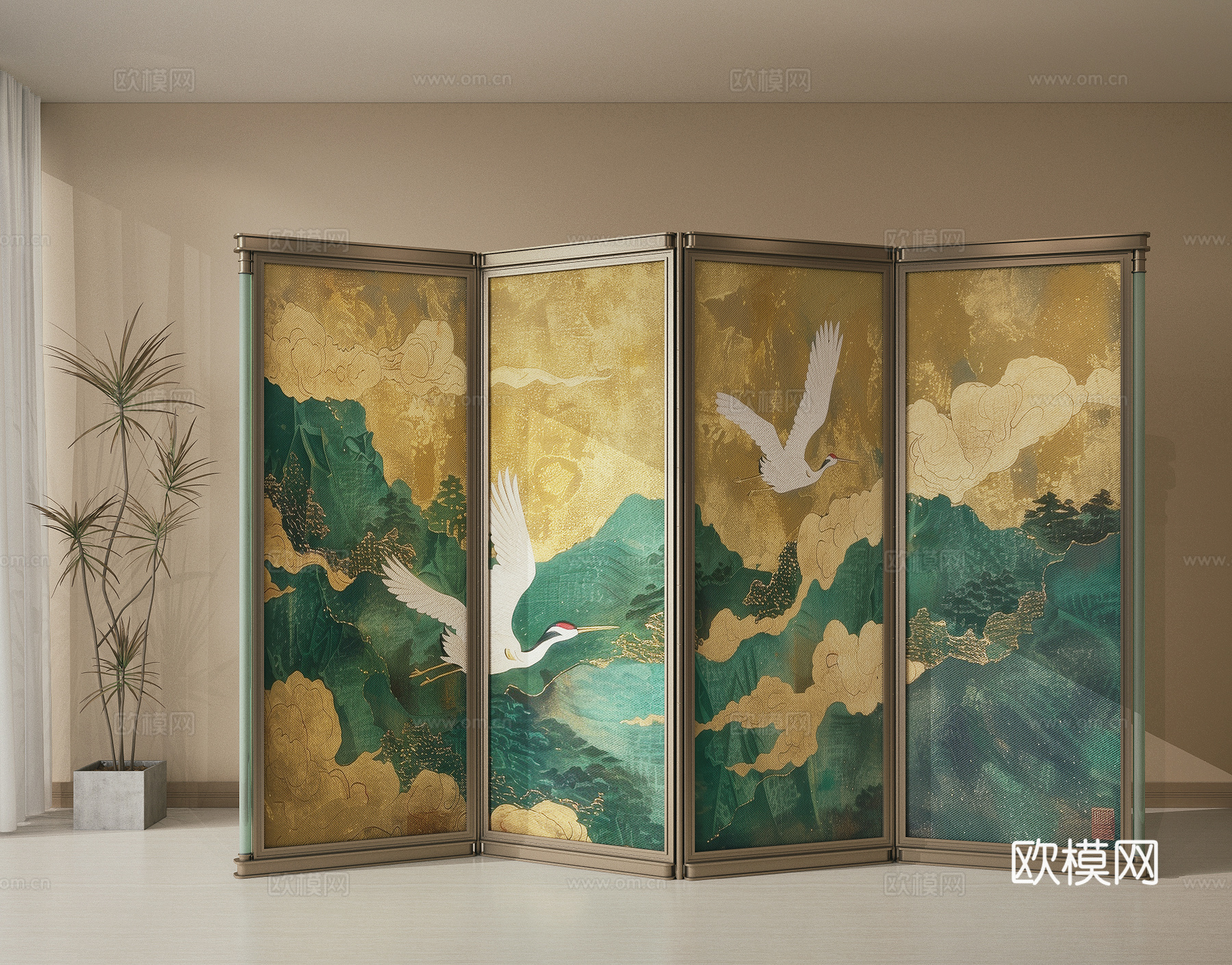 新中式禅意屏风 可折叠屏风 隔断 金属屏风 复古屏风3d模型