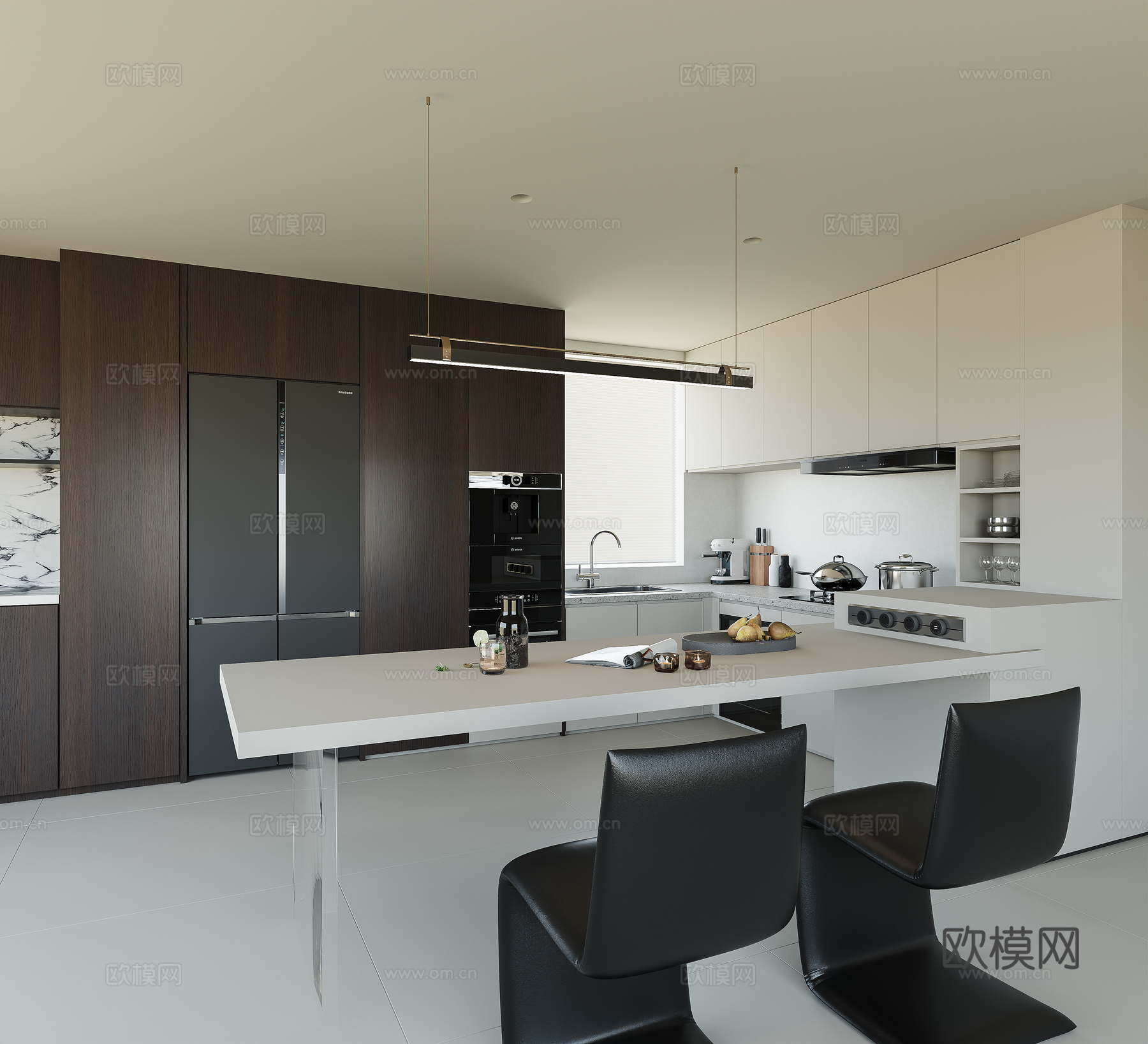现代厨房 意式厨房 极简厨房 冰箱 吧台椅 厨具su模型
