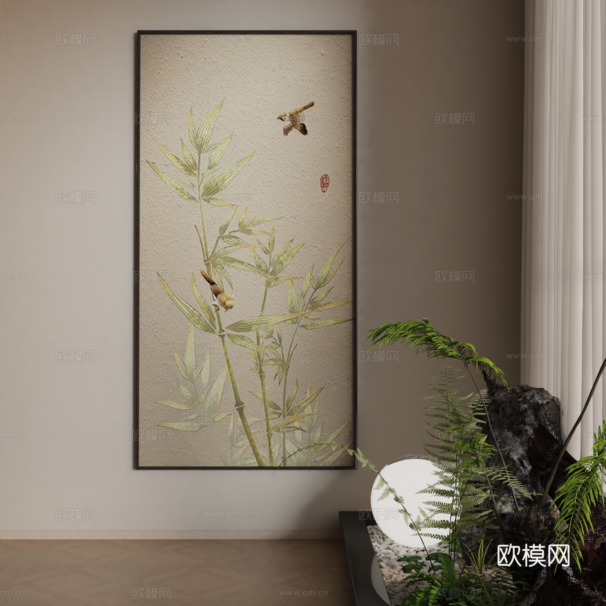 新中式日式禅意客厅玄关茶室挂画3d模型
