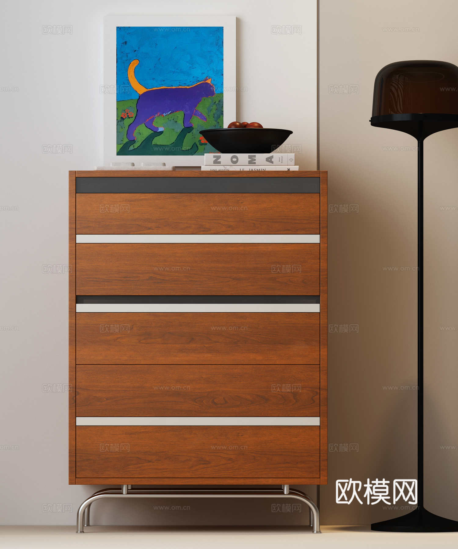 现代中古风边柜 中古风斗柜 现代中古摆件 装饰画 落地灯su模型