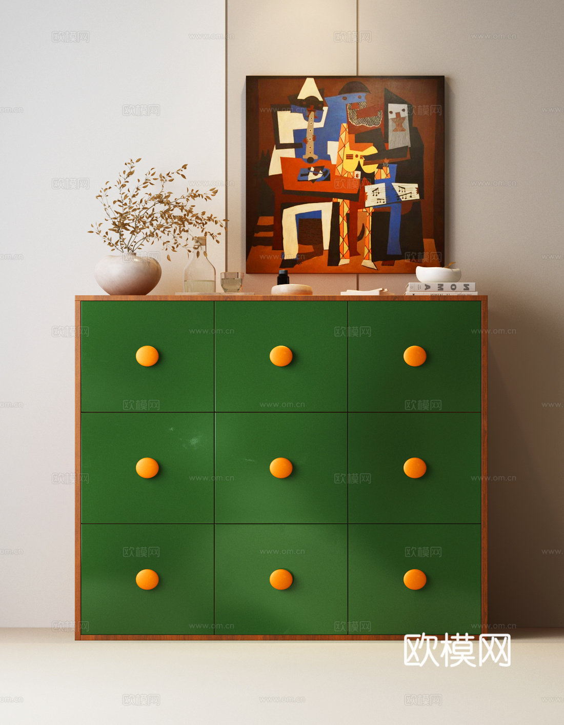 现代中古风边柜 中古风斗柜 现代中古摆件 装饰画 落地灯su模型