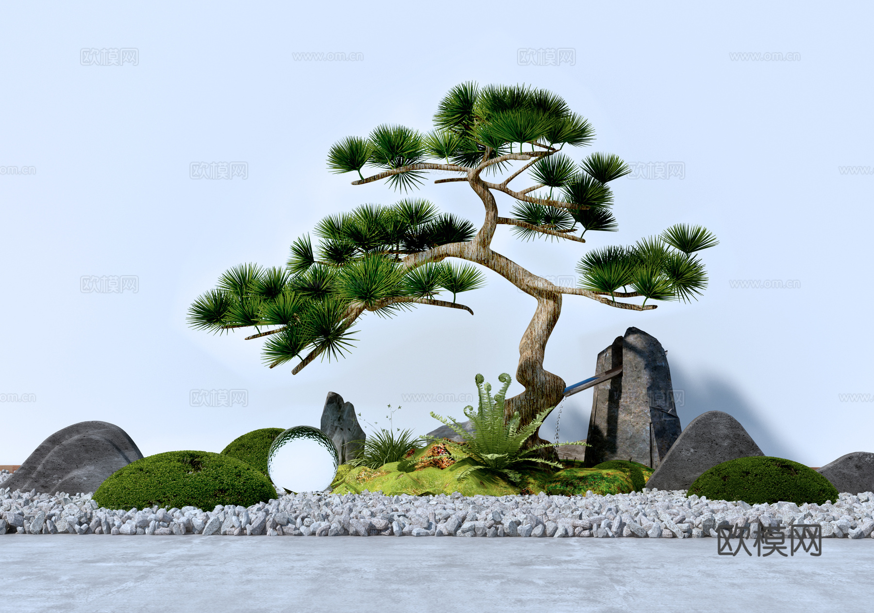 庭院景观  罗汉松  假山水景  景观小品3d模型
