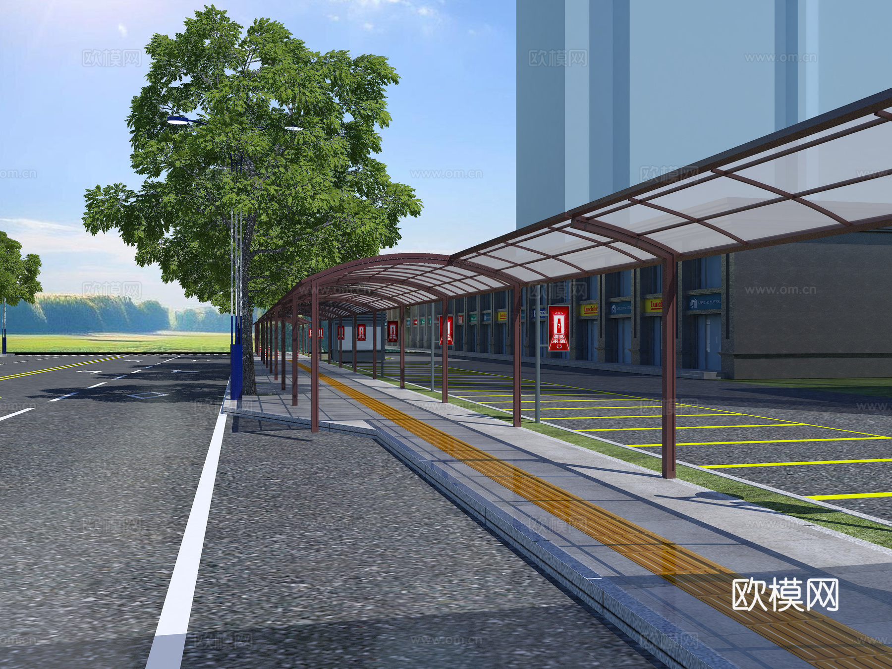 遮阳棚  夜市  夜市大门  树 建筑 路灯 道路3d模型