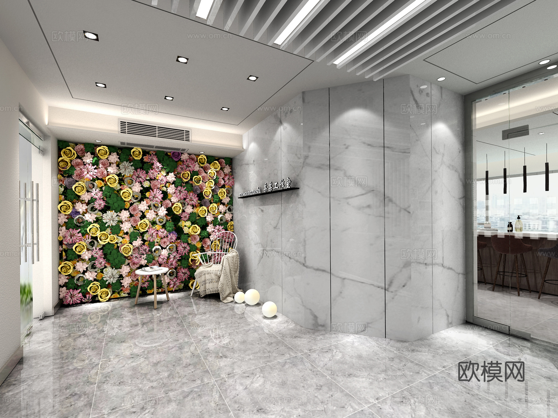 现代办公室工作室 花朵墙面 前台 背景墙3d模型