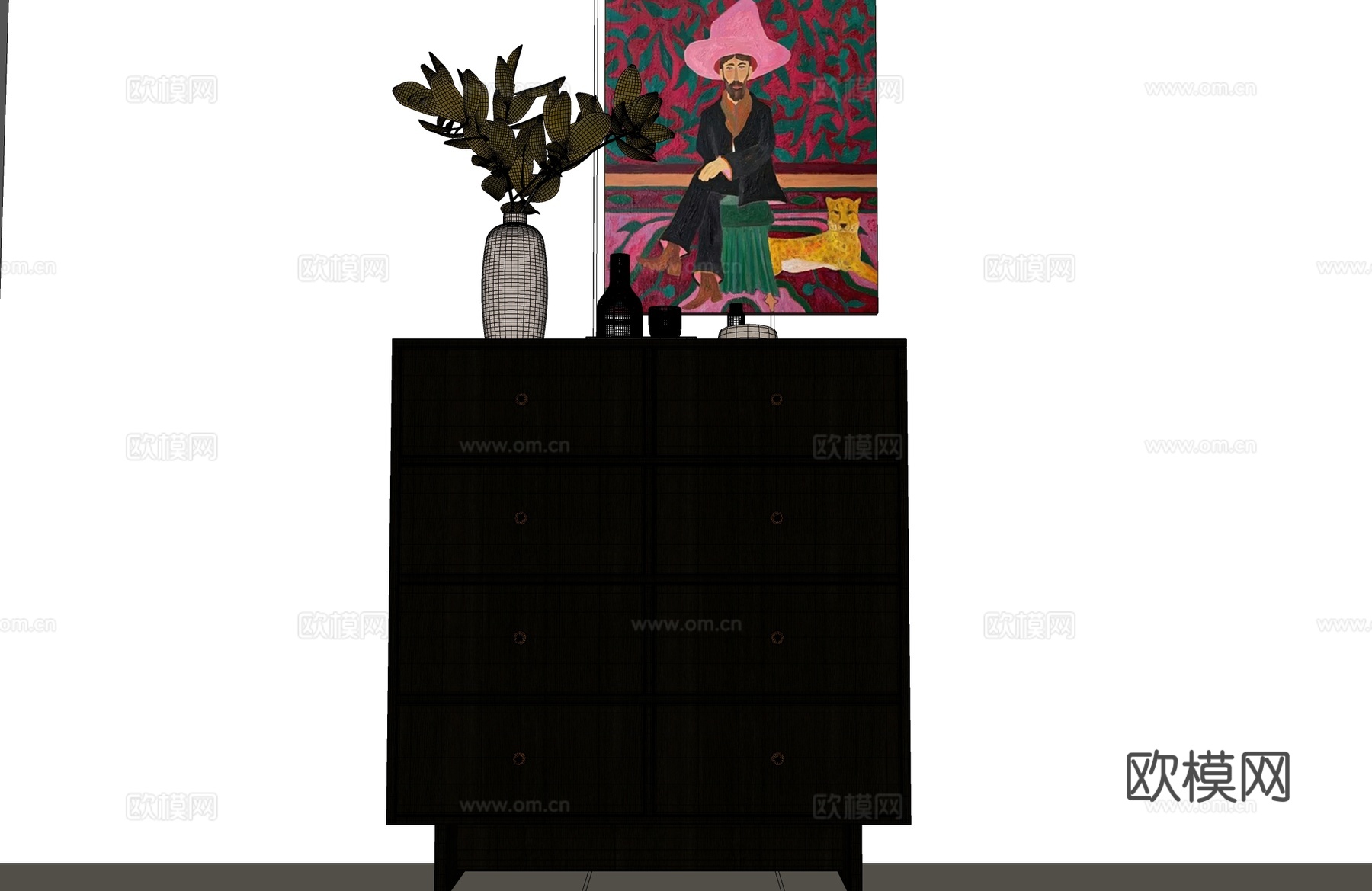 现代中古风边柜 中古风斗柜 现代中古摆件 装饰画 落地灯su模型