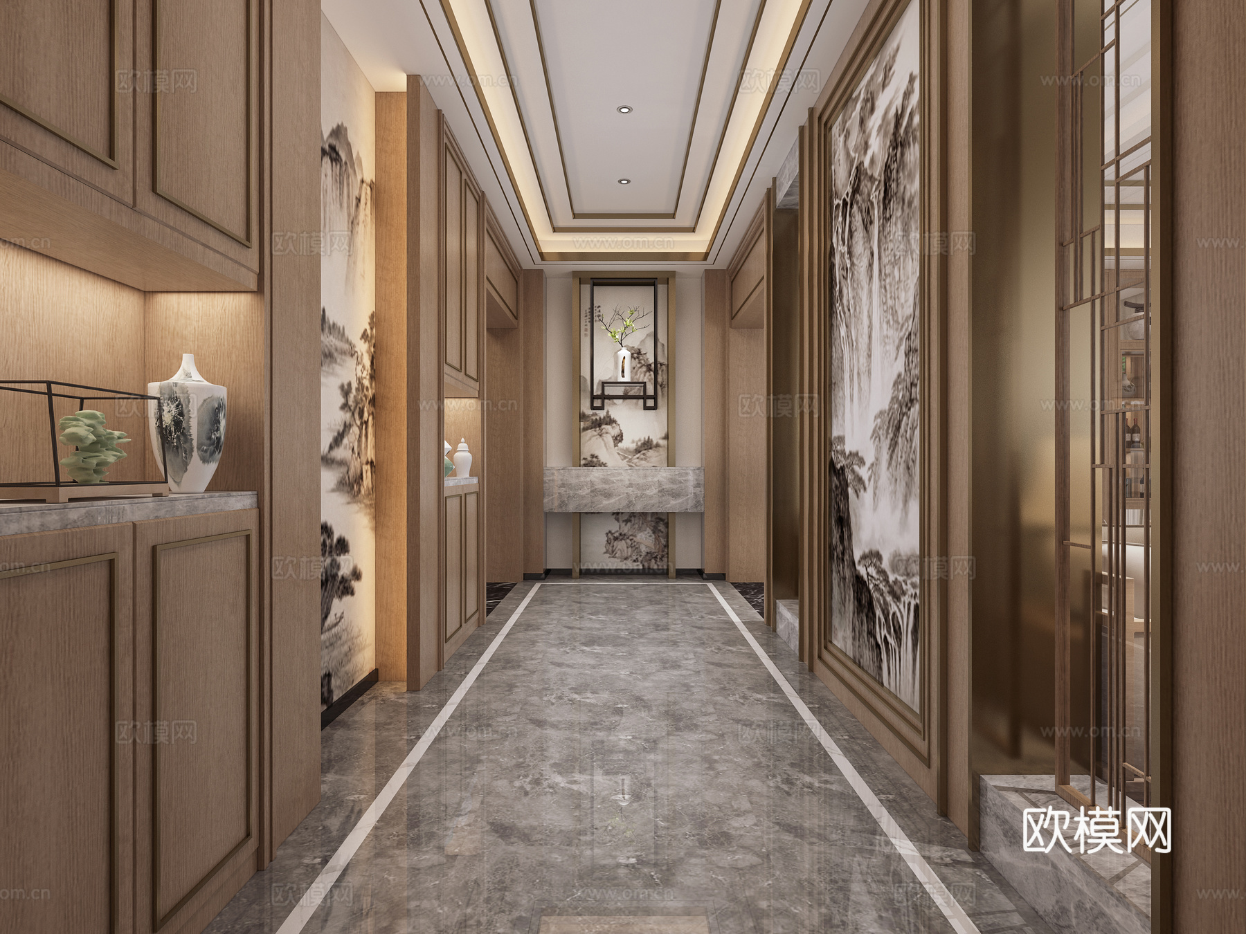 新中式客厅 新中式餐厅 新中式门厅 餐桌椅 沙发茶几 吊3d模型
