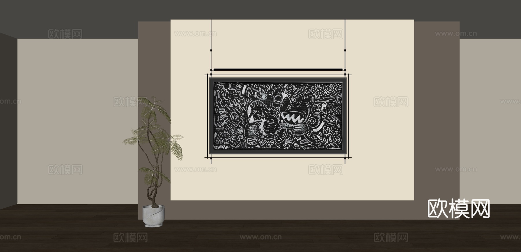 现代涂鸦装饰画 不锈钢吊杆装饰画su模型