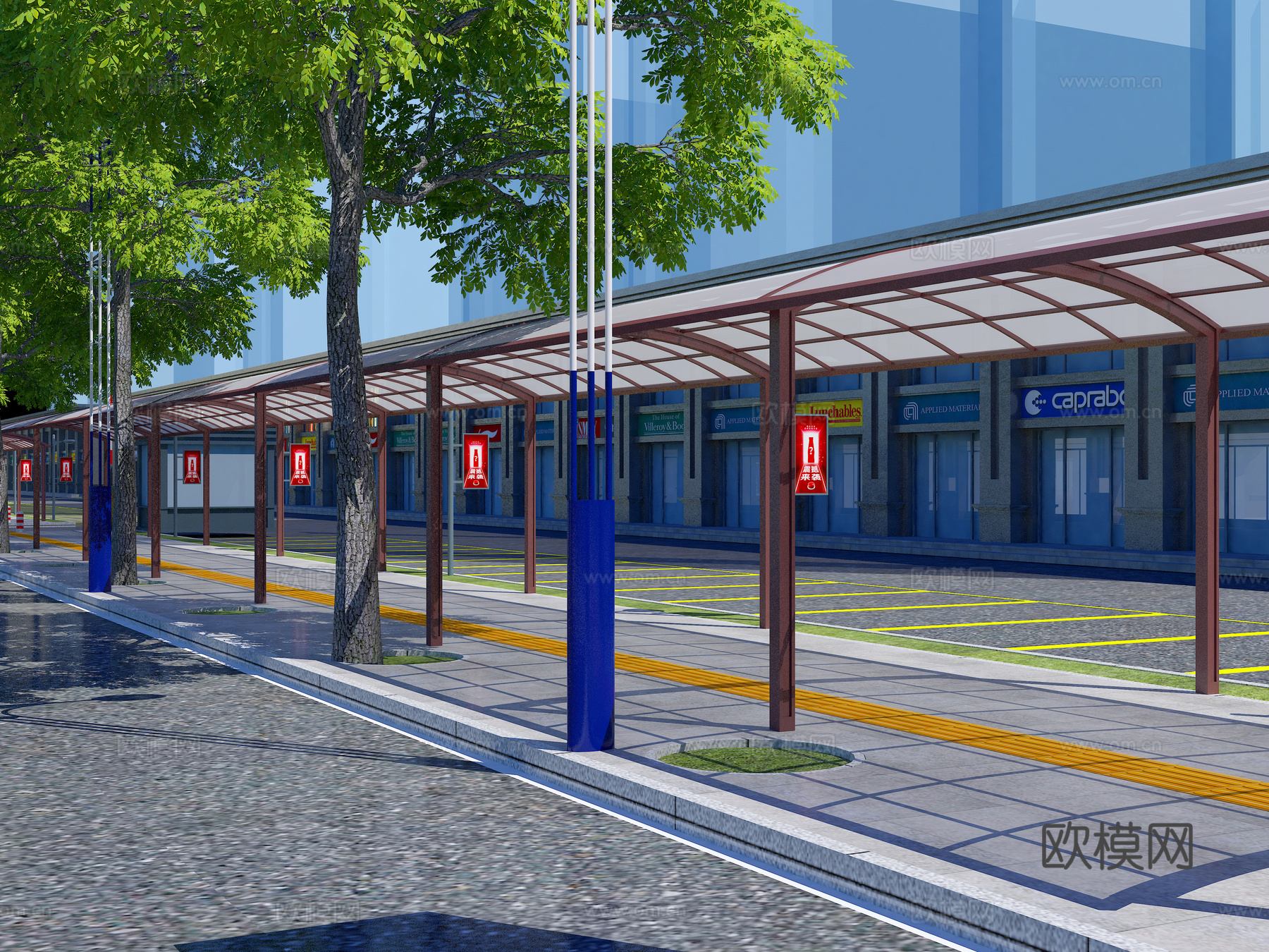 遮阳棚  夜市  夜市大门  树 建筑 路灯 道路3d模型