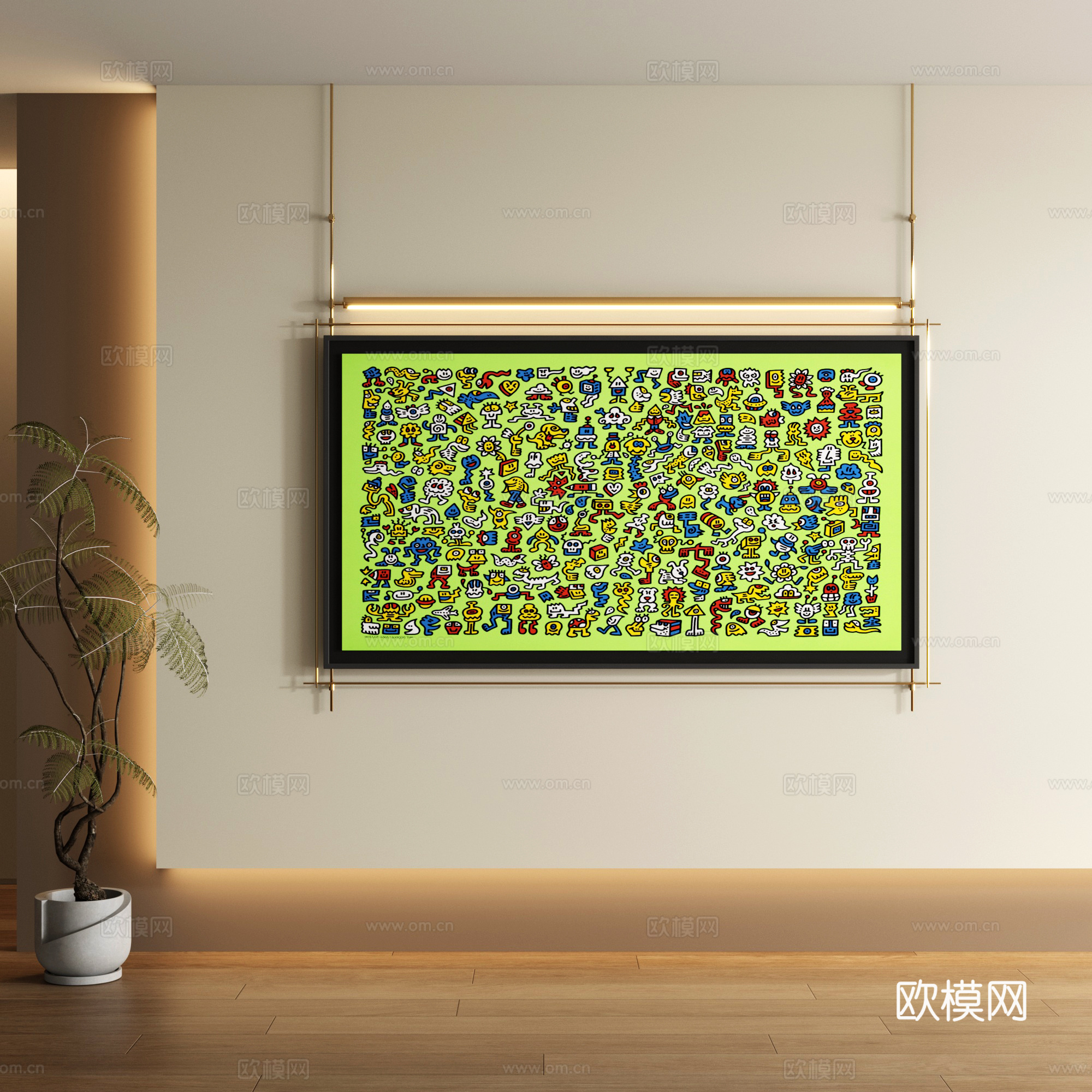 现代涂鸦装饰画 不锈钢吊杆装饰画su模型