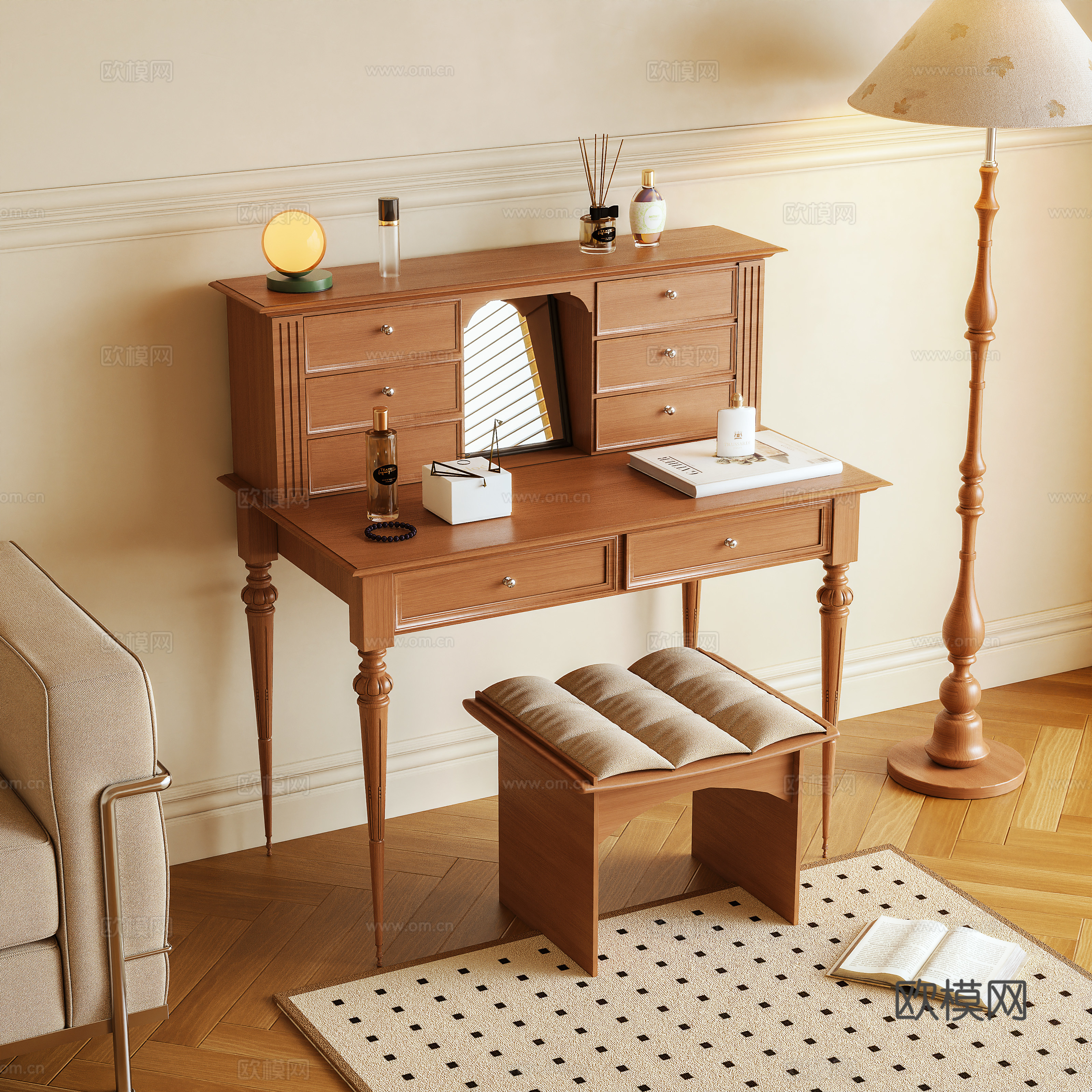 原木风梳妆台3d模型下载