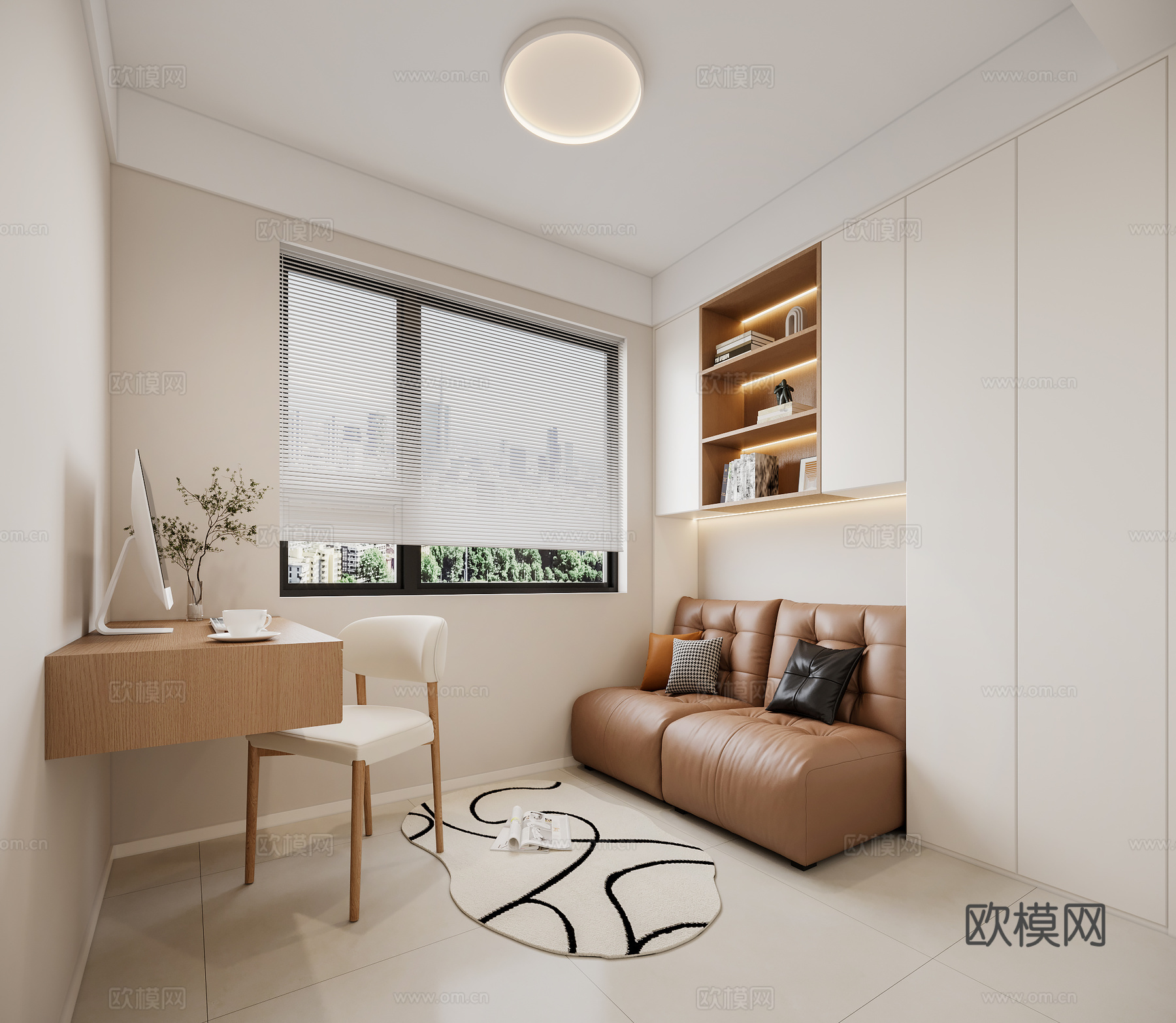 现代奶油风书房 书桌椅3d模型