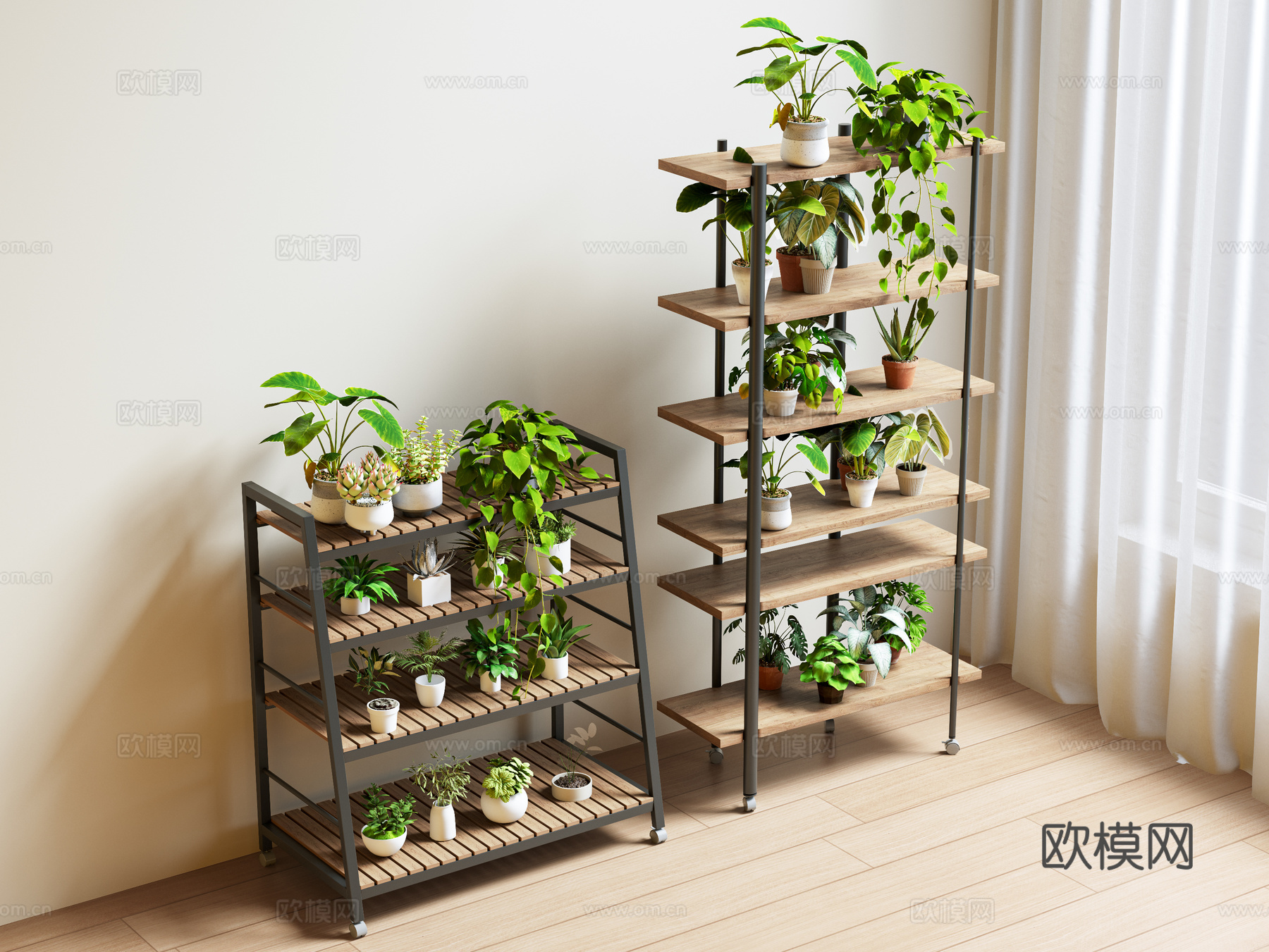 现代中古风花架 实木花架 置物架 植物架 盆栽 绿植 花盆su模型