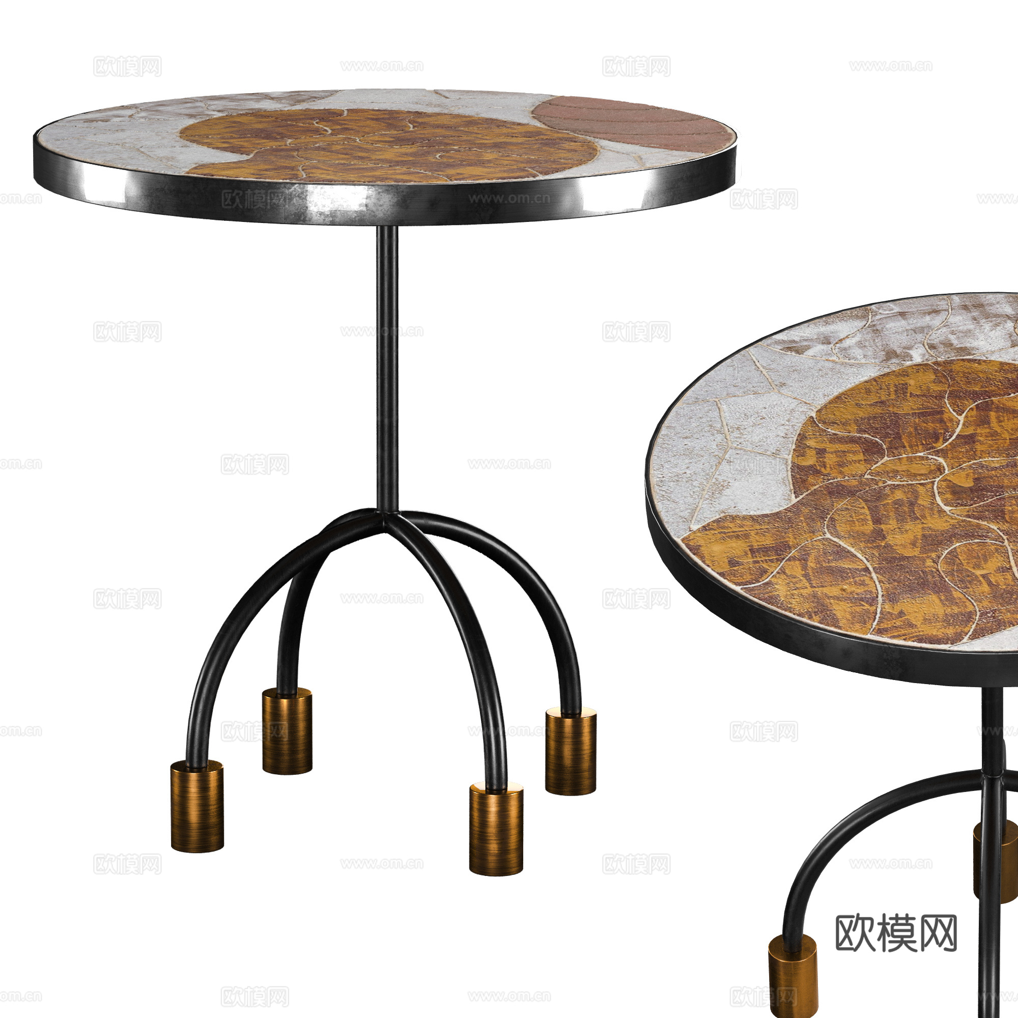 现代意式轻奢金属皮革圆茶几3d模型