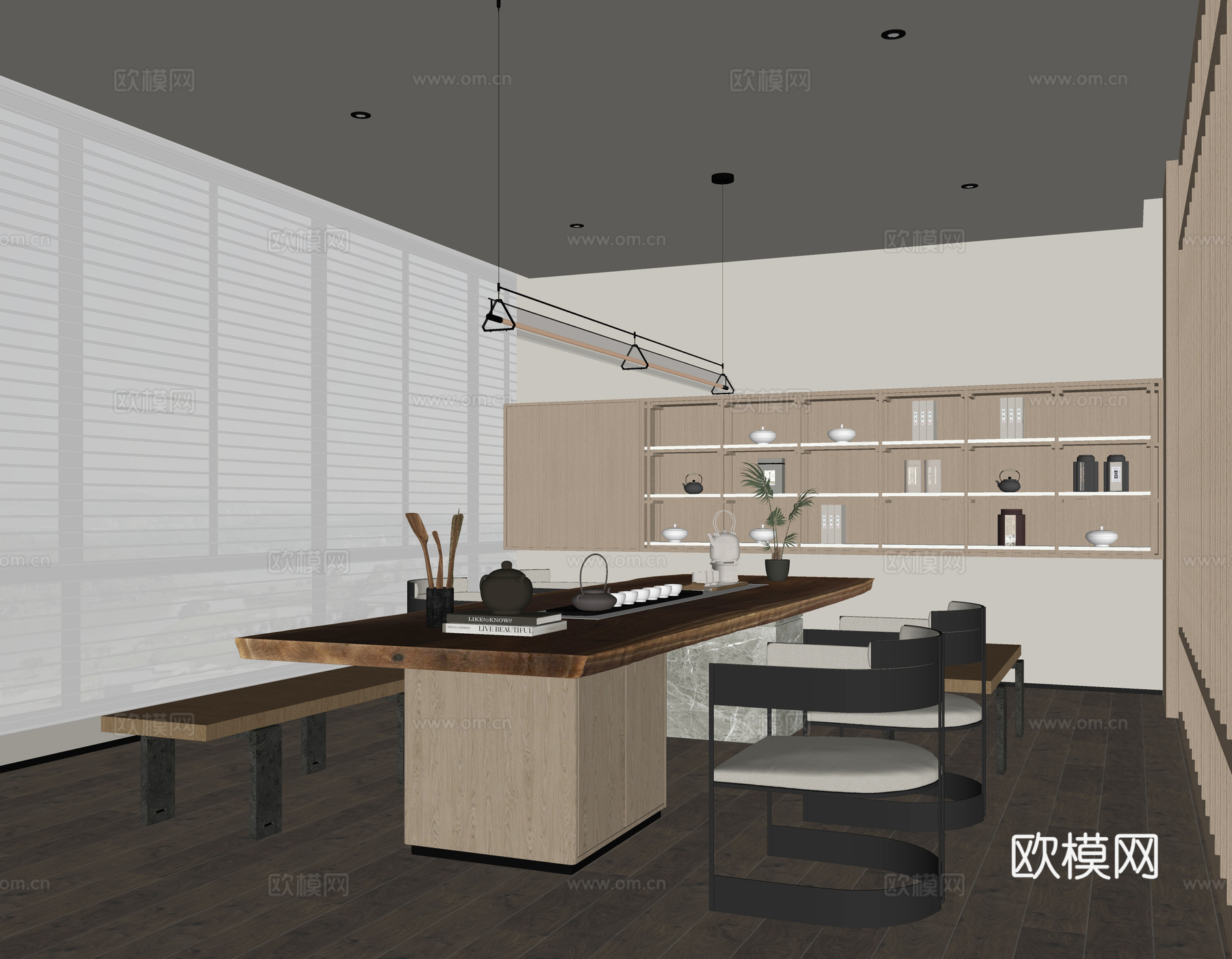现代茶室 茶桌椅 茶柜 茶台 茶具 吊灯su模型