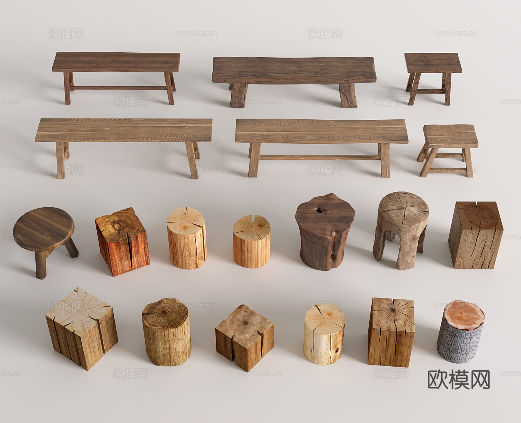 现代木凳 木桩 矮凳 长板凳_凳子3d模型