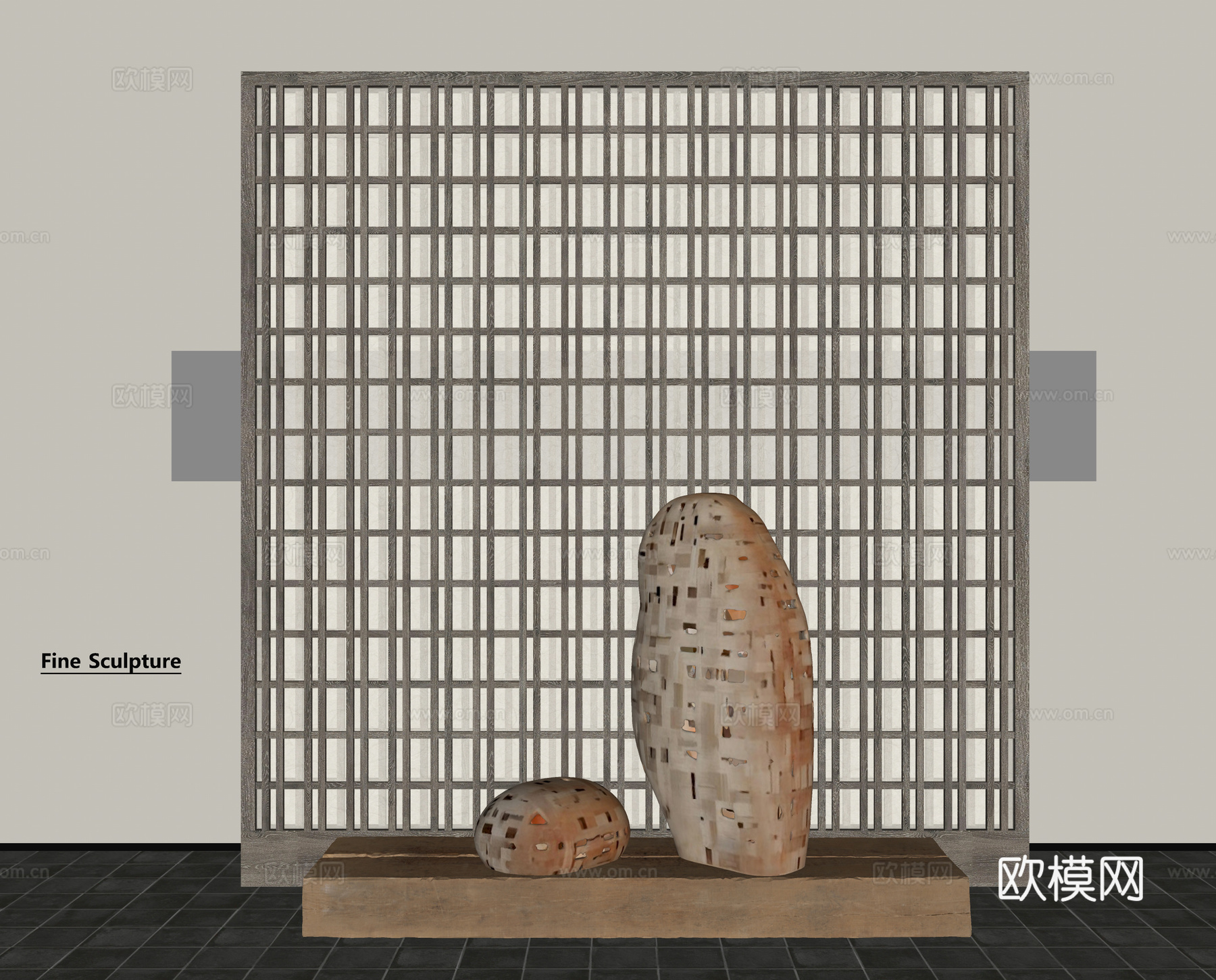 现代雕塑 艺术装置 木格栅屏风隔断 透光宣纸su模型