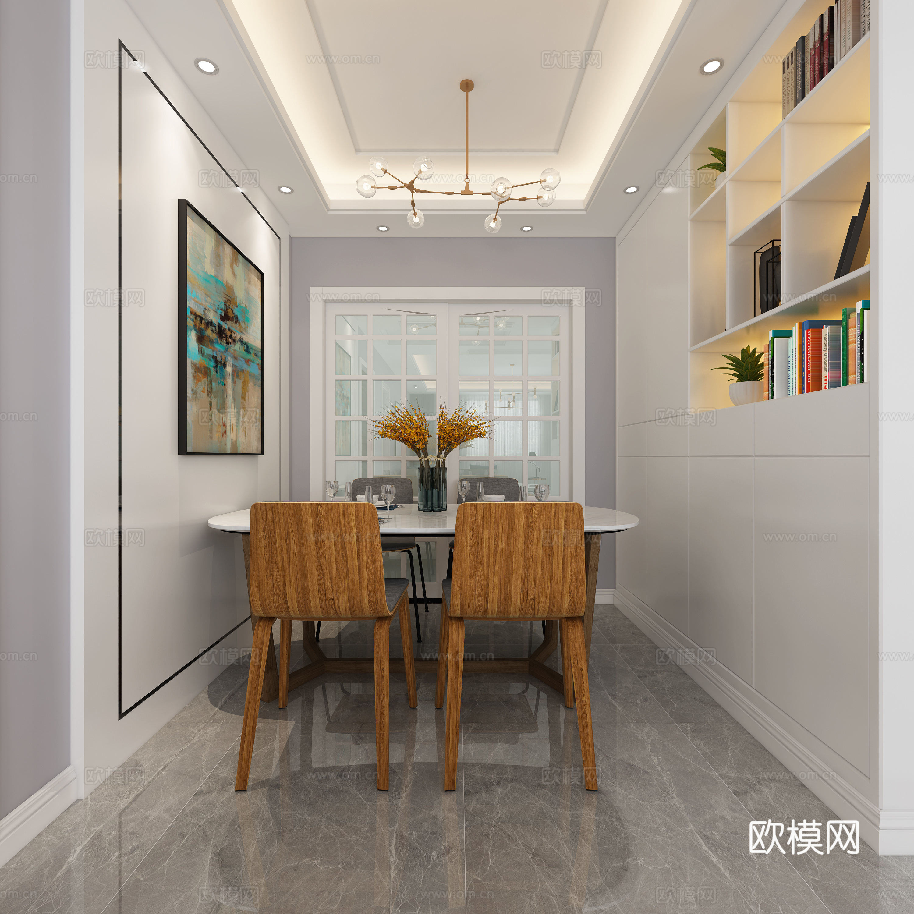 后现代轻奢客餐厅 沙发茶几 现代吊灯 酒柜3d模型