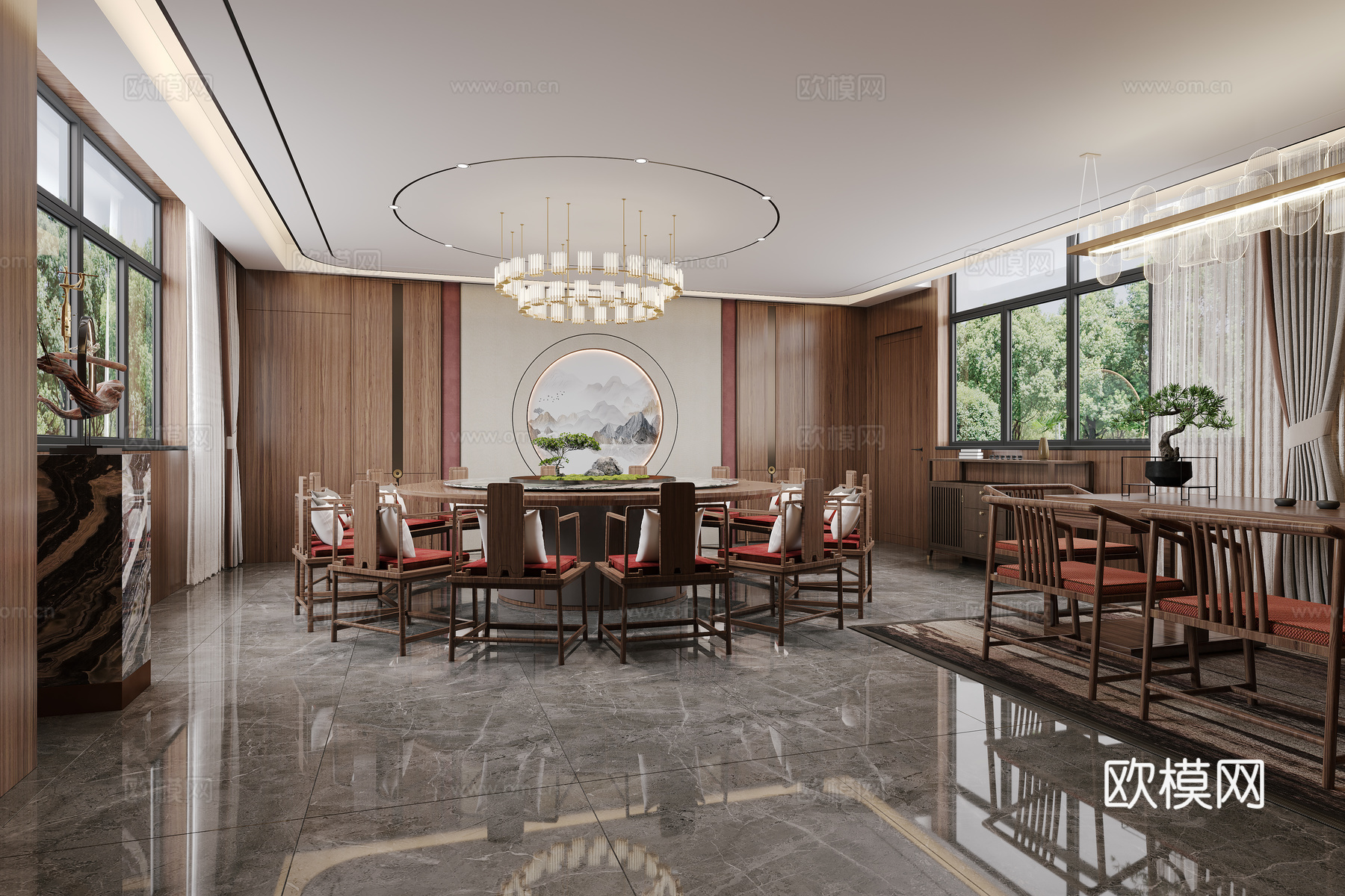 新中式餐厅 圆桌餐椅 饭店包间3d模型