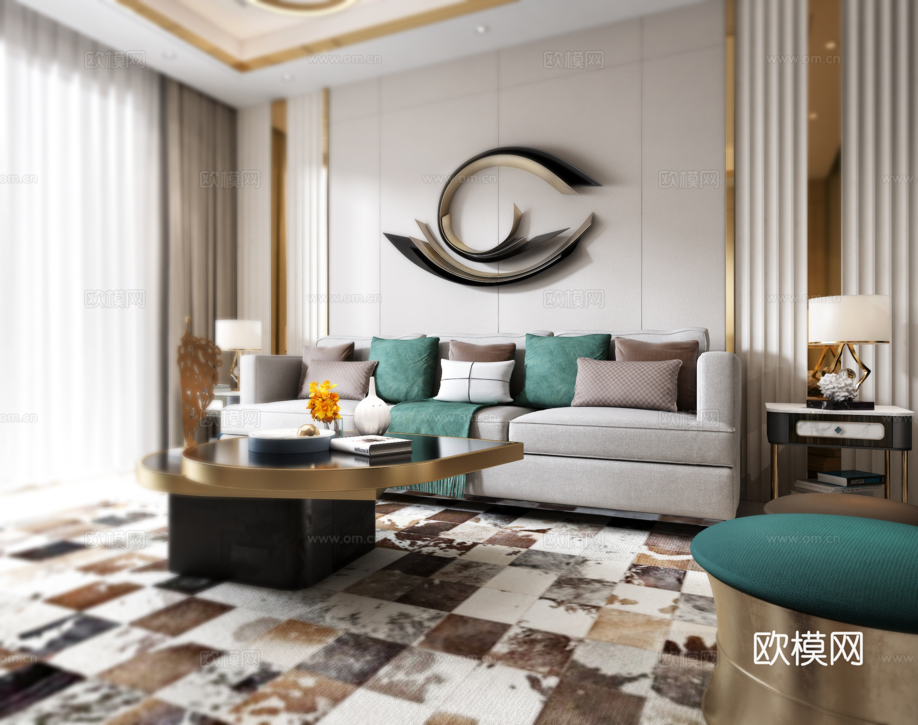 后现代客厅 现代客厅 沙发 吊灯 装饰品，挂画 台灯 窗3d模型