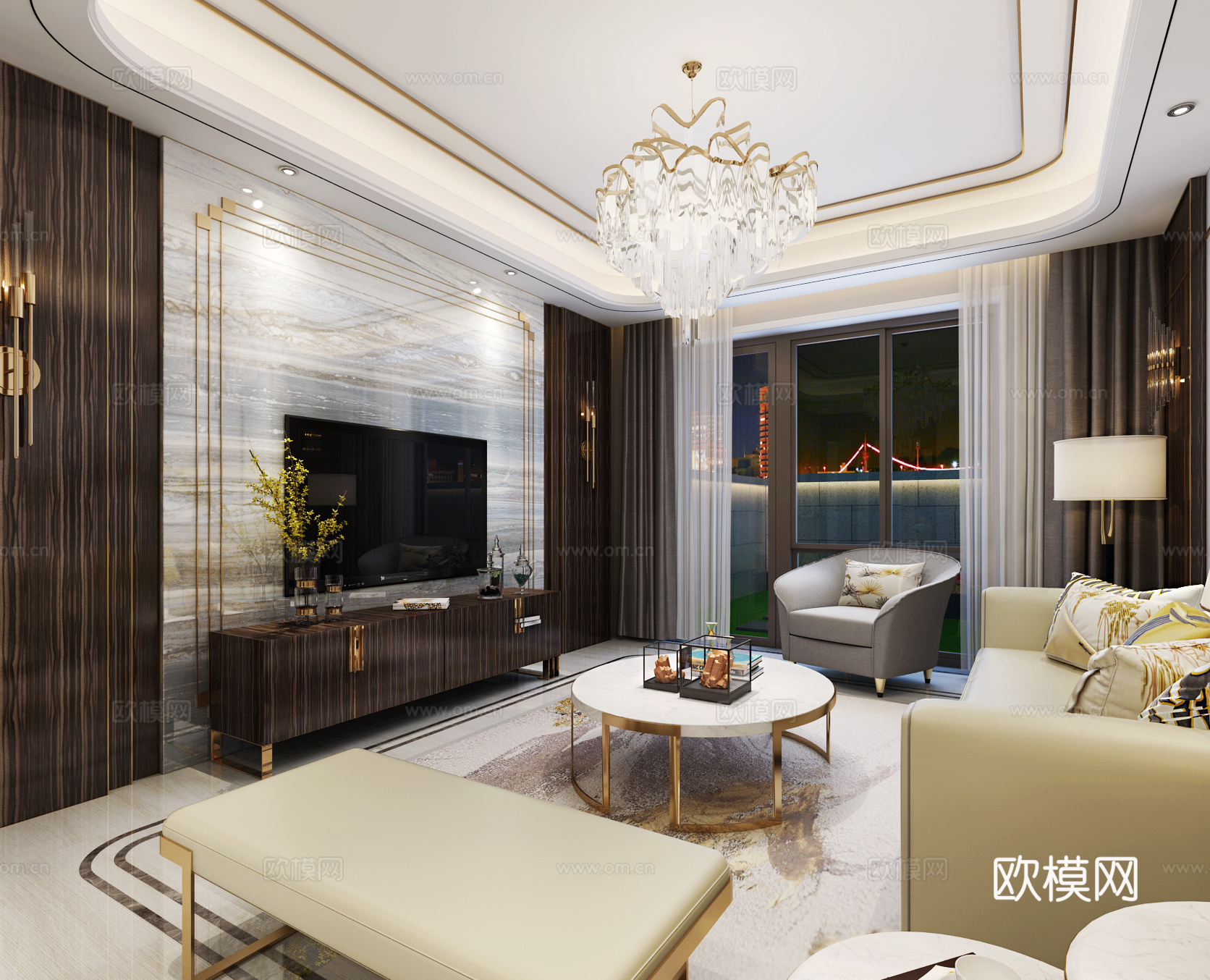 现代客餐厅 沙发 茶几 吊灯 电视柜 边柜 餐桌椅3d模型