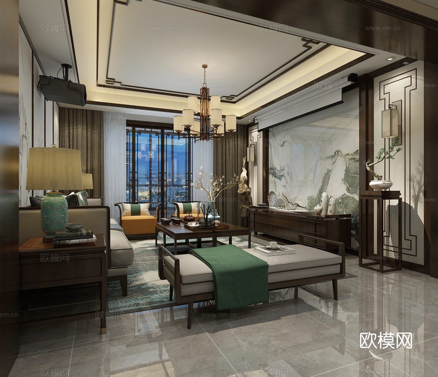新中式客厅餐厅 吊灯 沙发 茶几 餐桌椅3d模型