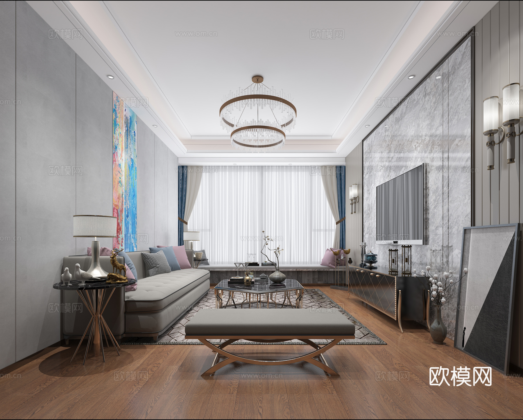 现代客厅 沙发 电视 装饰品 窗帘 吊灯3d模型