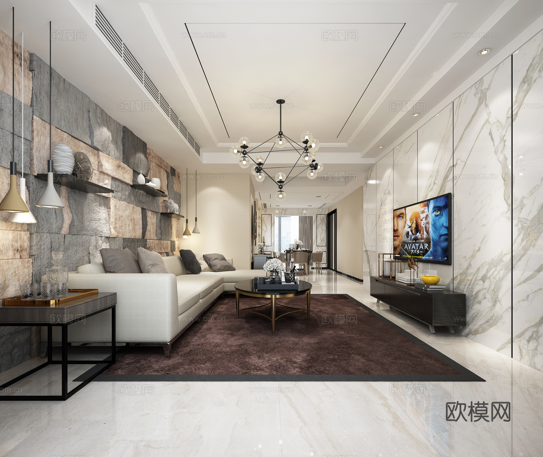 现代简约客餐厅 客餐厅整体 石材背景 现代简约沙发3d模型