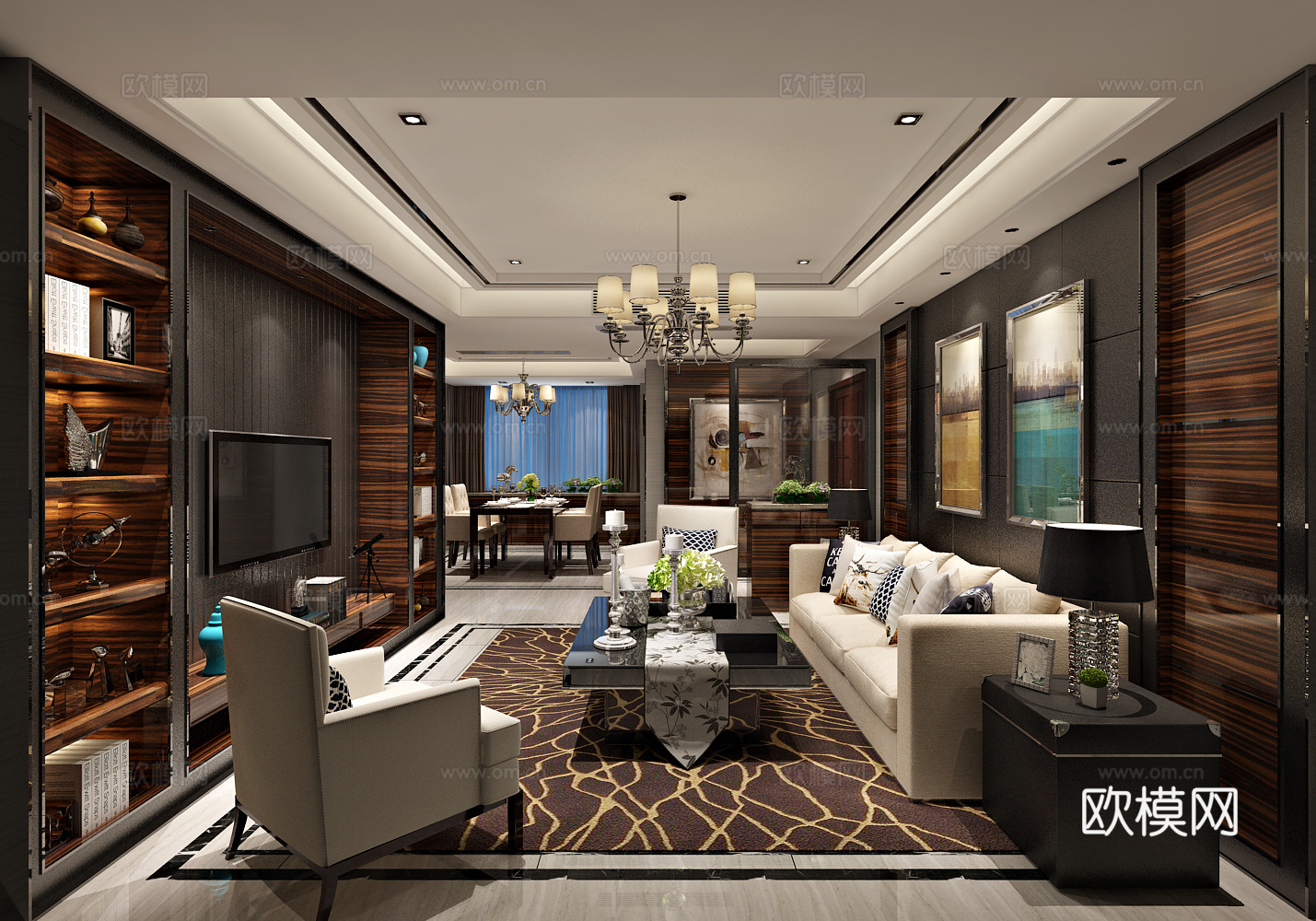 现代客厅 沙发茶几 电视柜 餐厅3d模型